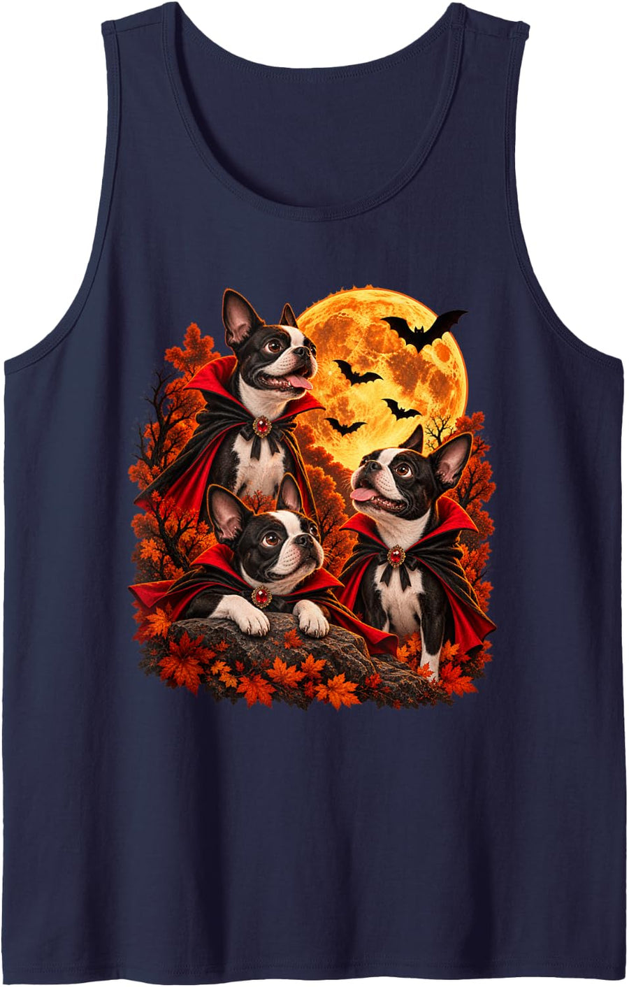 Boston Terrier Halloween Vampire Dogs Spooky Moon Sleeveless Tank Top - Navy Blue