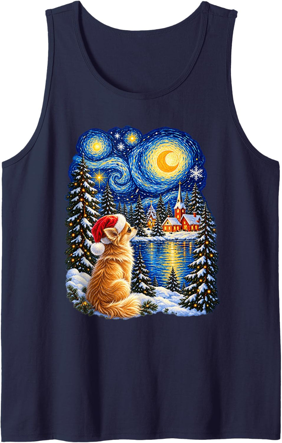 Christmas Chihuahua Dreamy Santa Hat Winter Stars Men Women Sleeveless Tank Top - Navy Blue