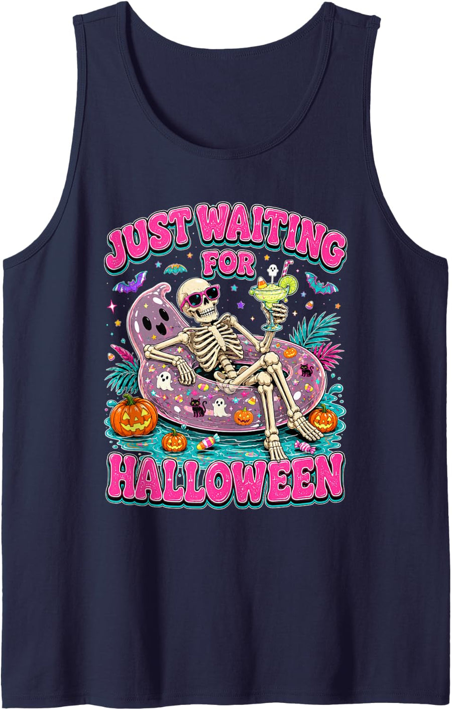 Pink Spooky Season Funny Skeleton Just Waiting for Halloween Tank Top - Navy Blue