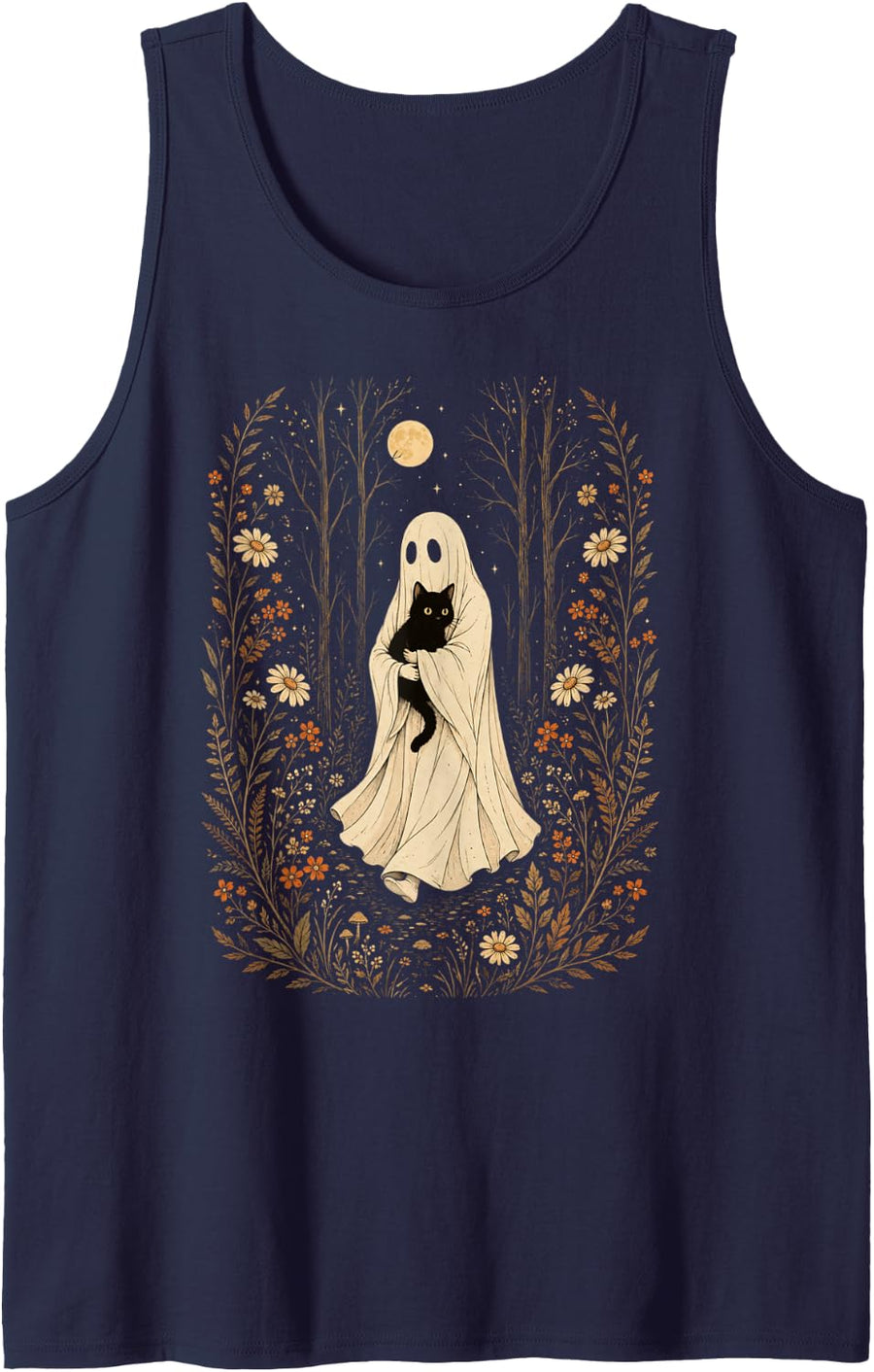 Vintage Ghost Black Cat Wildflowers Autumn Fall Season Retro Tank Top - Navy Blue