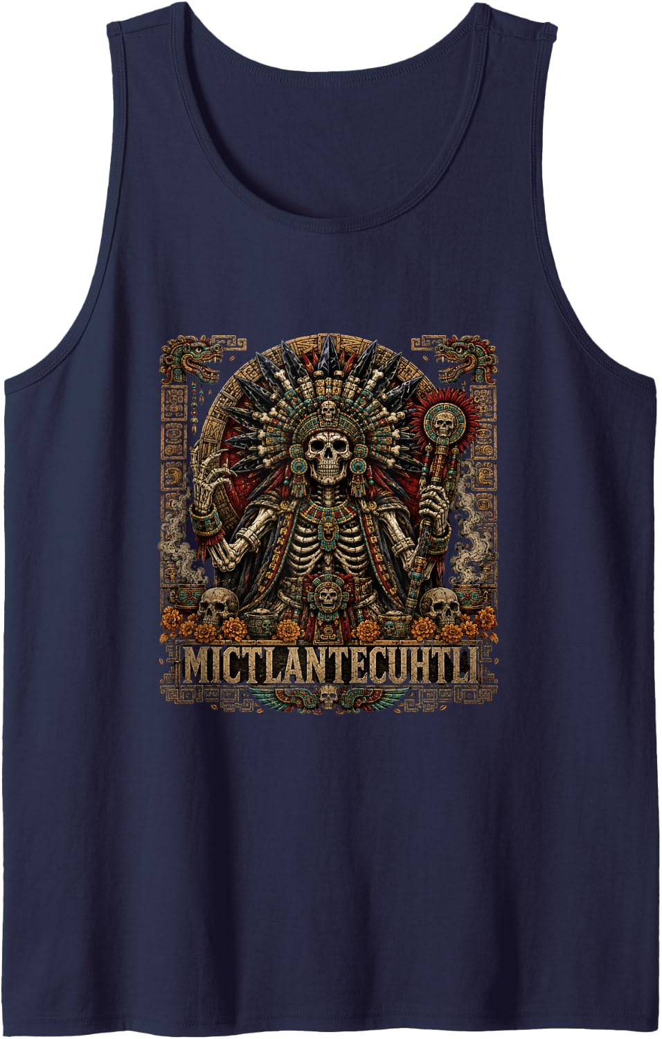 Aztec Death God Skeleton Skull Design Sleeveless Tank Top - Navy Blue