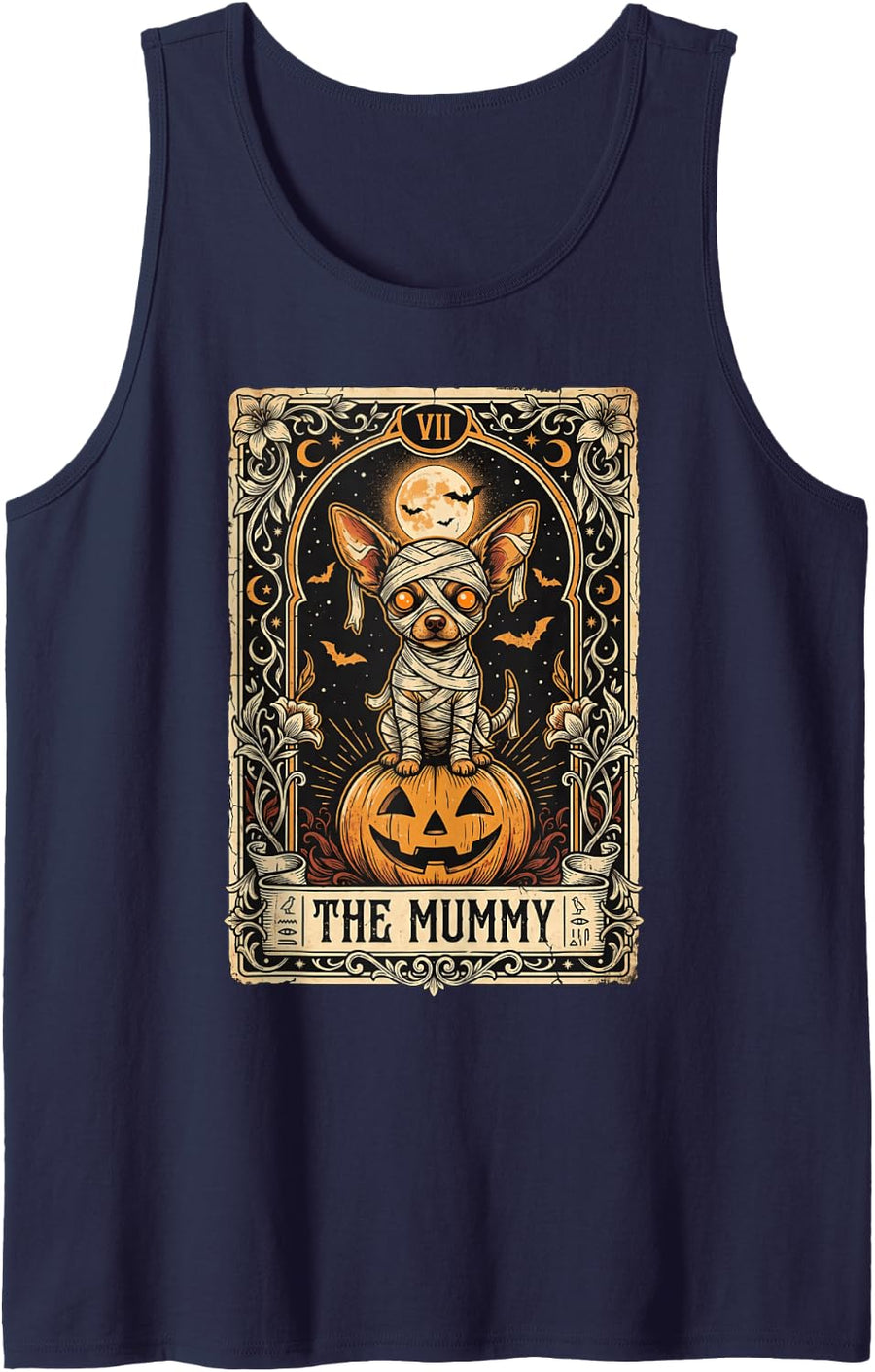 Chihuahua Mummy Halloween Vintage Tarot Card Pumpkin Art Sleeveless Tank Top - Navy Blue