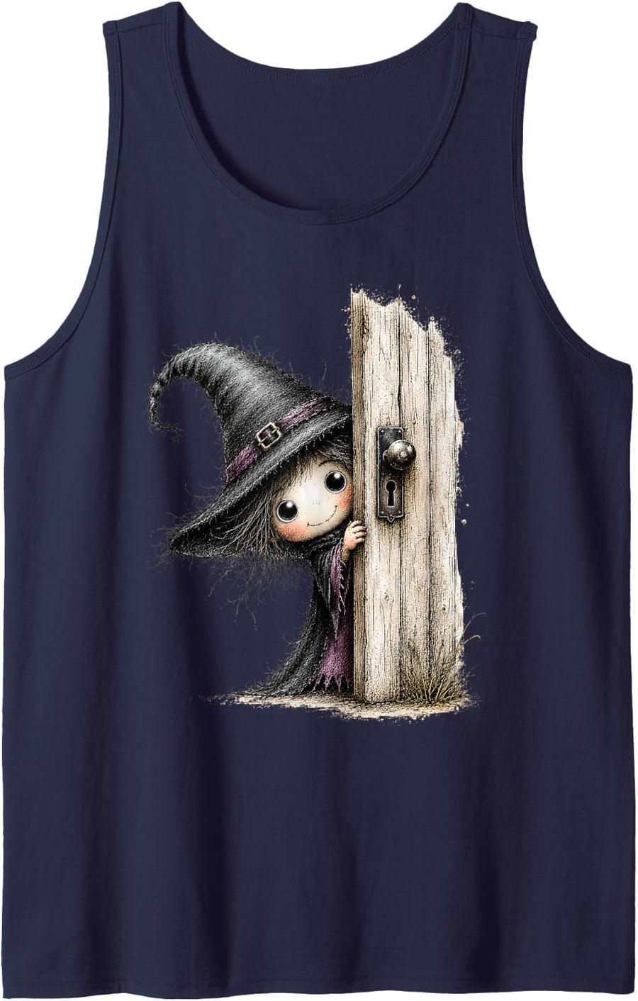 Cute Witch Peeking Door Halloween Spooky Season Tank Top - Navy Blue