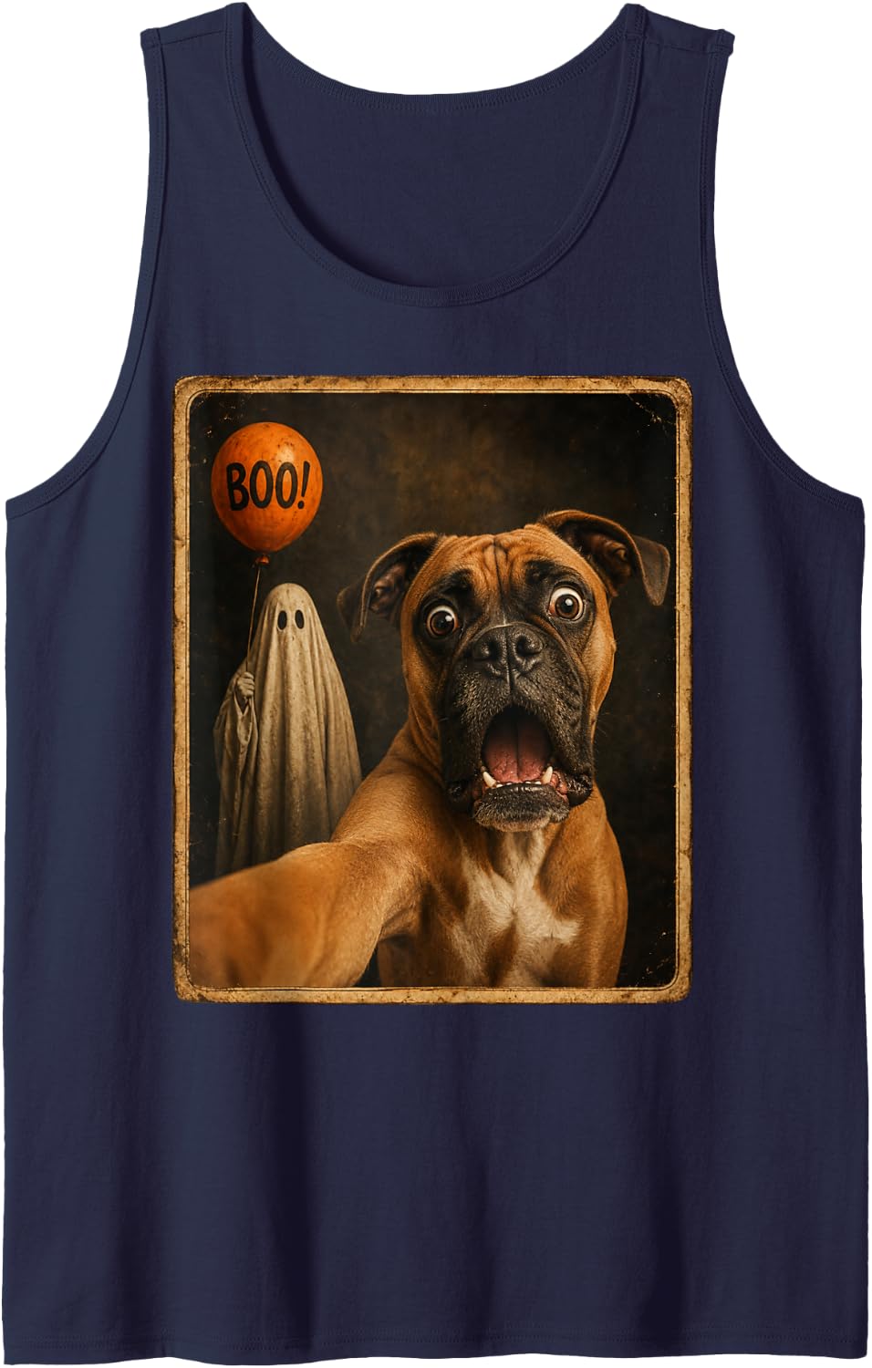Boxer Halloween Ghost Selfie Boo Dog Meme Graphic Sleeveless Tank Top - Navy Blue