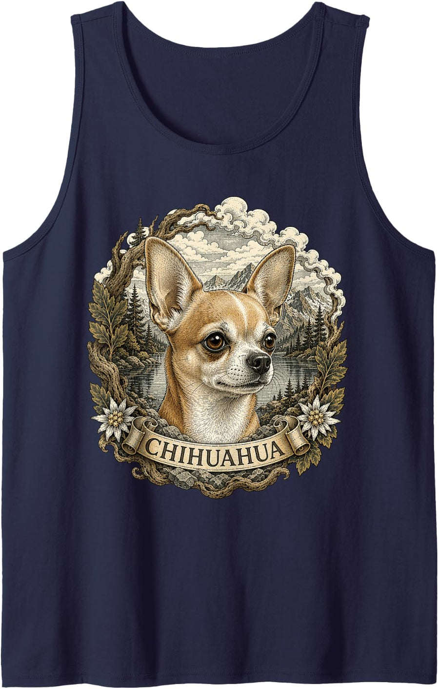 Chihuahua Vintage Nature Art Design Sleeveless Tank Top - Navy Blue