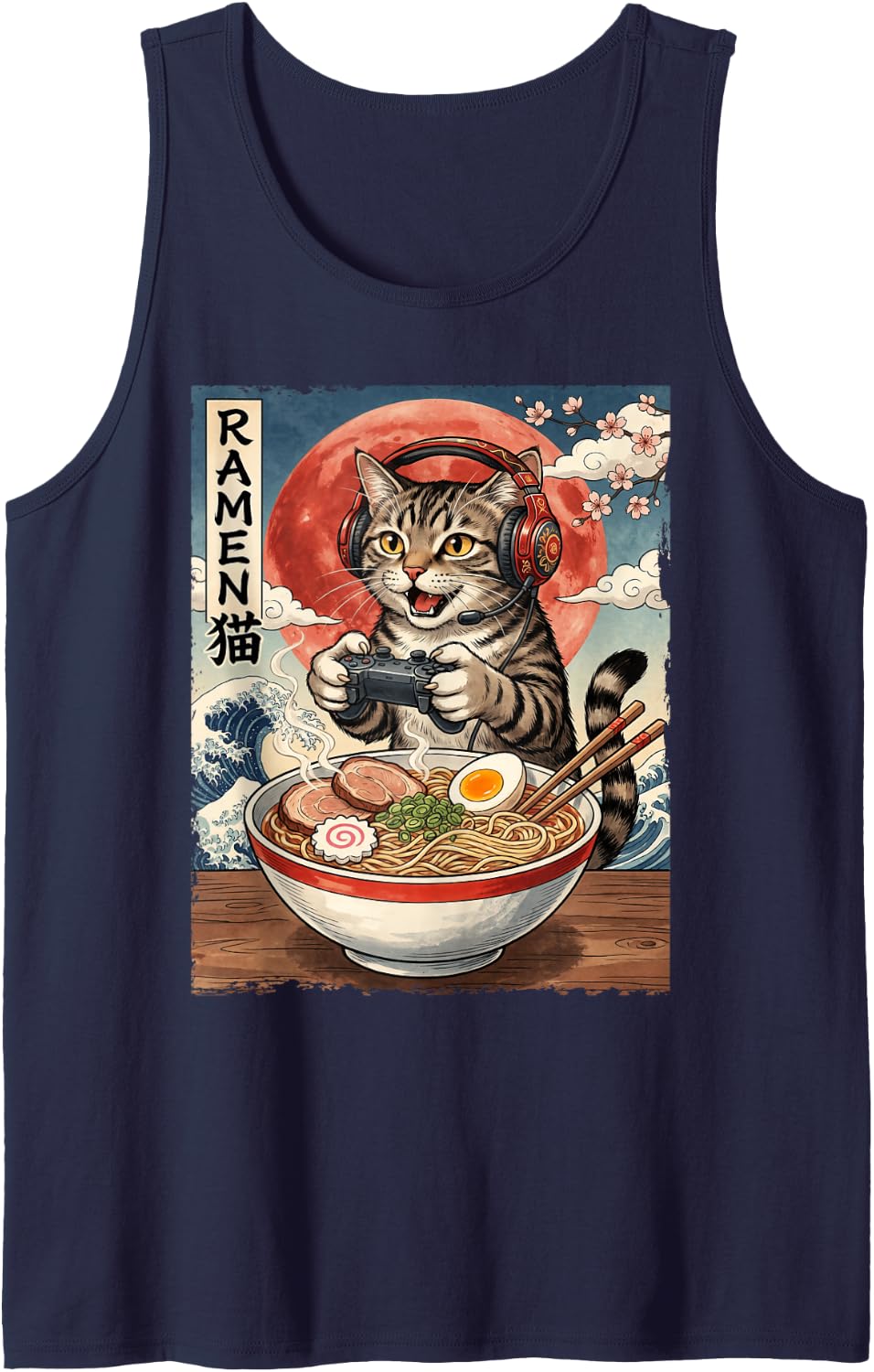 Retro Cat Ramen Japanese Kawaii Cat Anime Funny Graphic Sleeveless Tank Top - Navy Blue