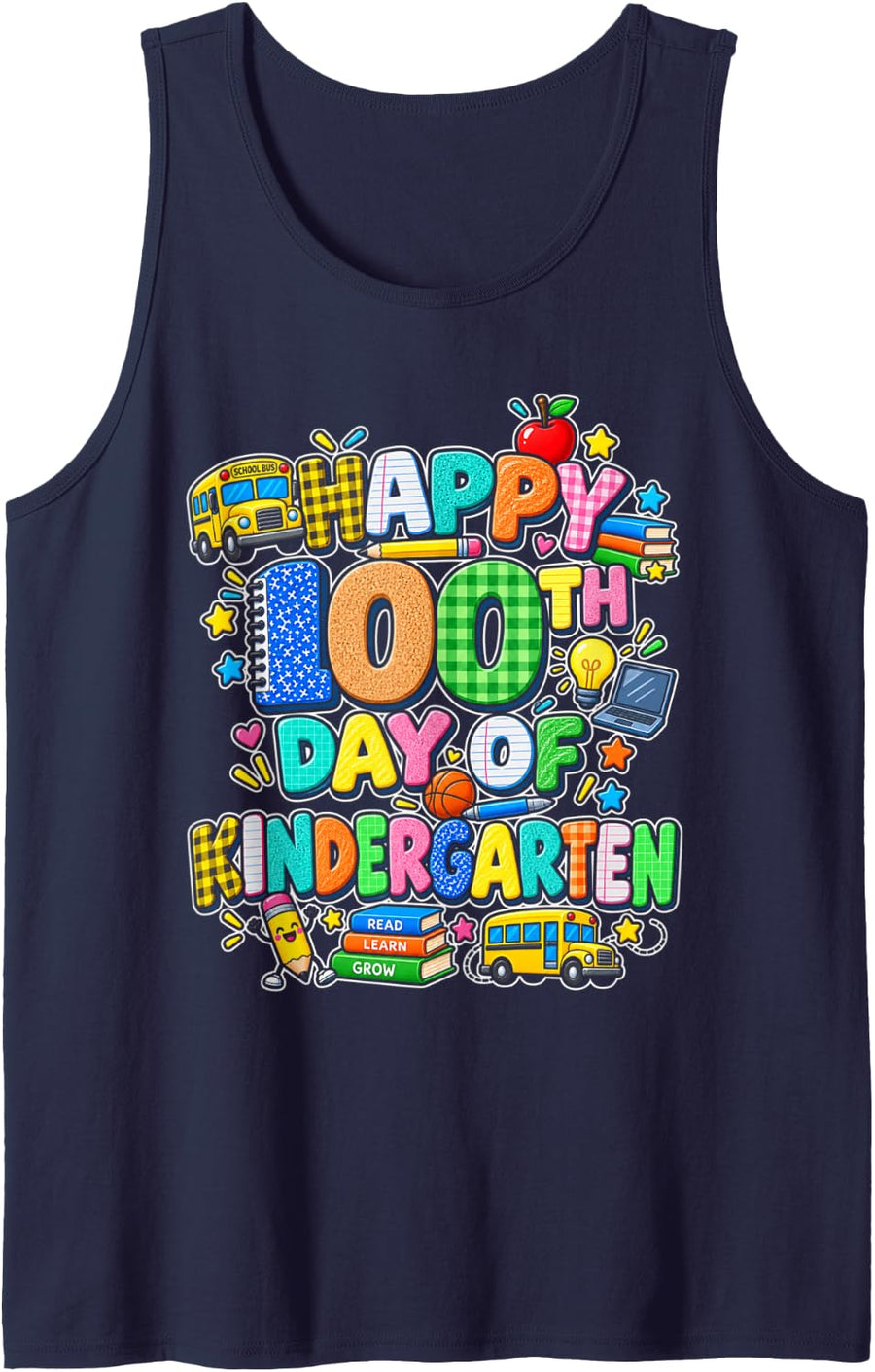 Happy 100th Day of Kindergarten School Teacher Kids Adult Sleeveless Tank Top - Navy Blue