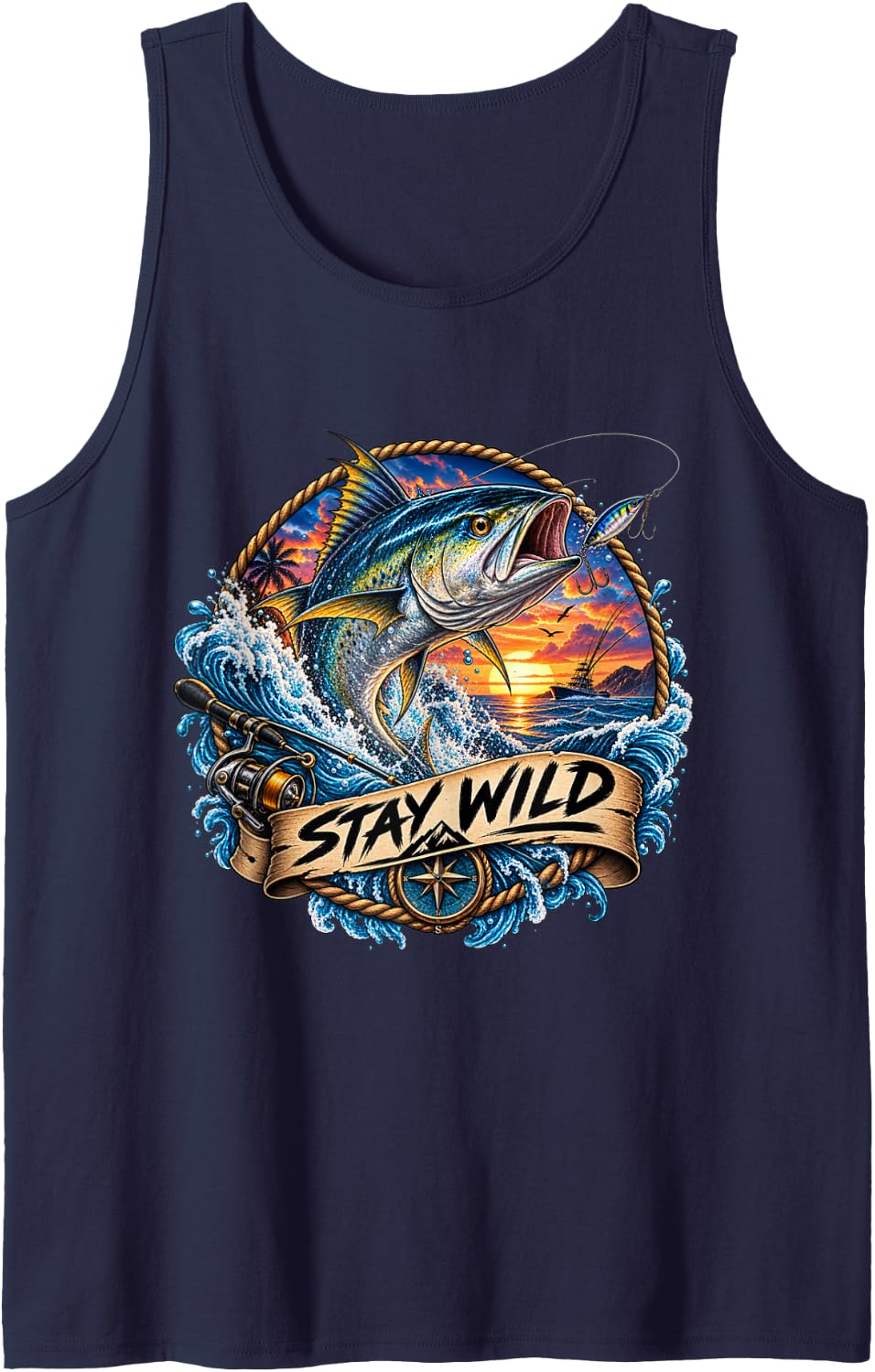 Stay Wild Fishing Marlin Ocean Waves Sport Fisherman Tank Top - Navy Blue