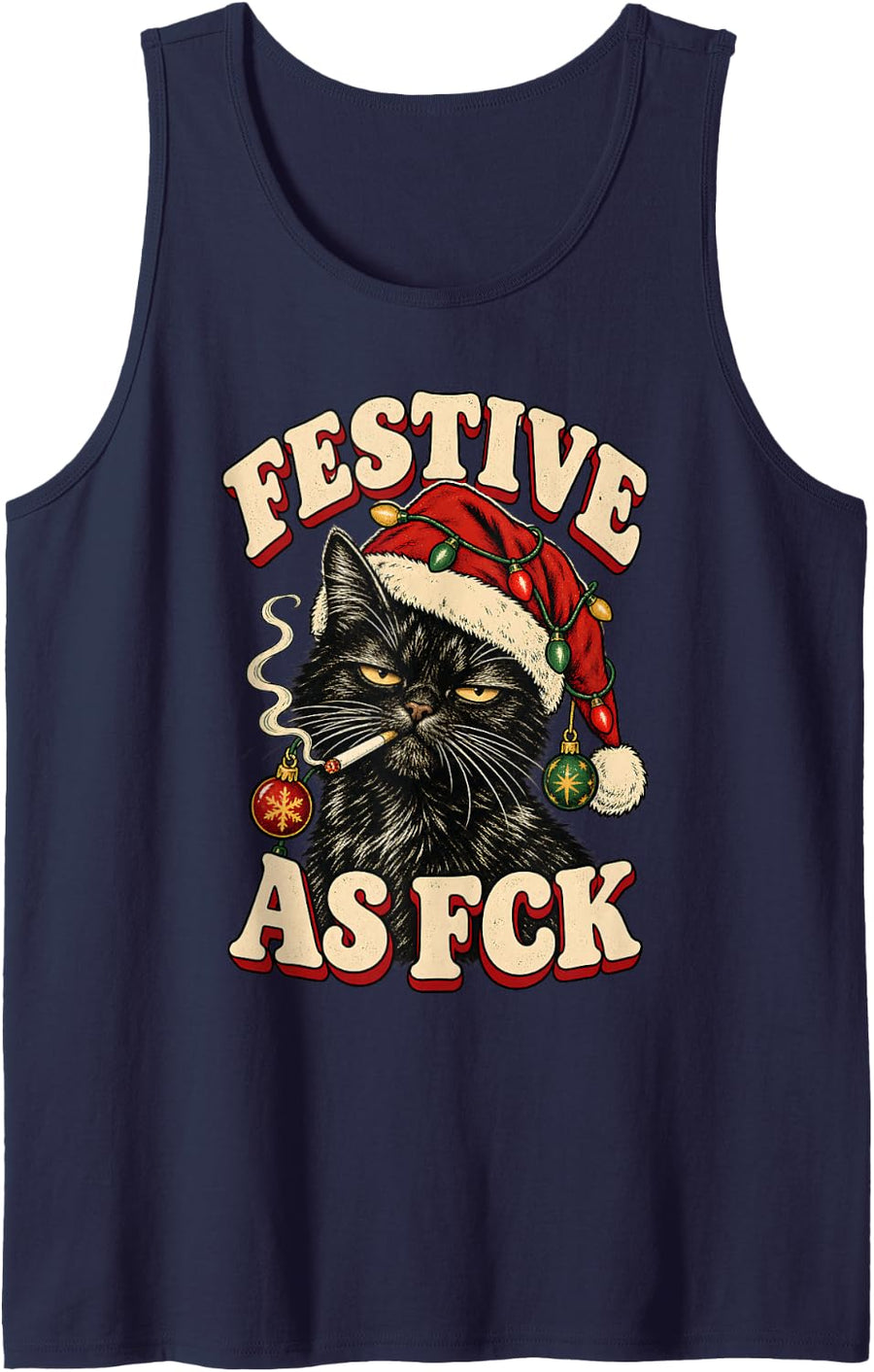 Retro Funny Black Cat Smoking Festive As FCK Sleeveless Tank Top - Navy Blue