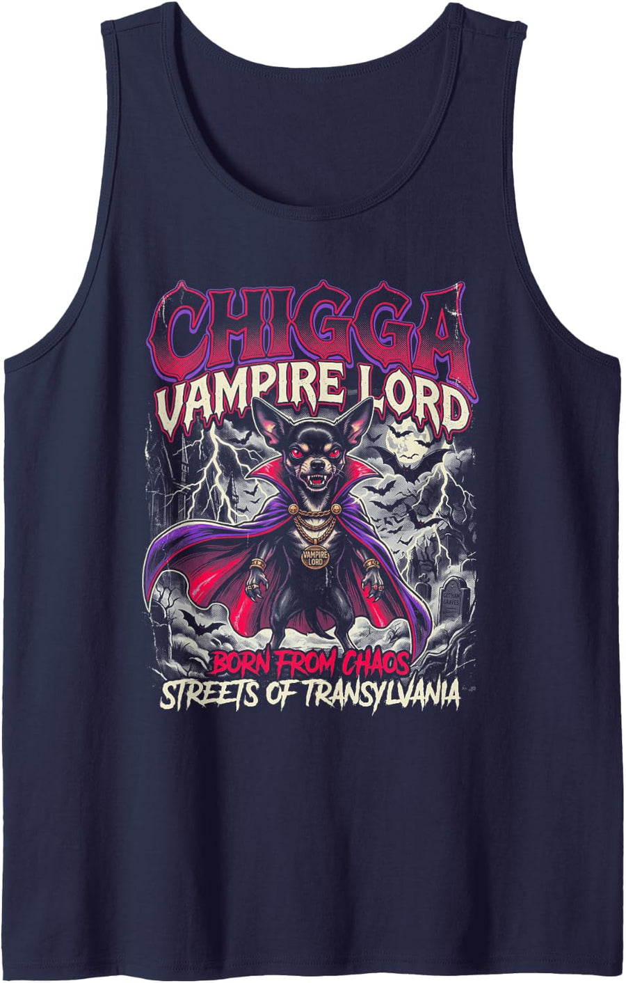 Chihuahua Vampire Halloween 90s Vintage Bootleg Art Sleeveless Tank Top - Navy Blue