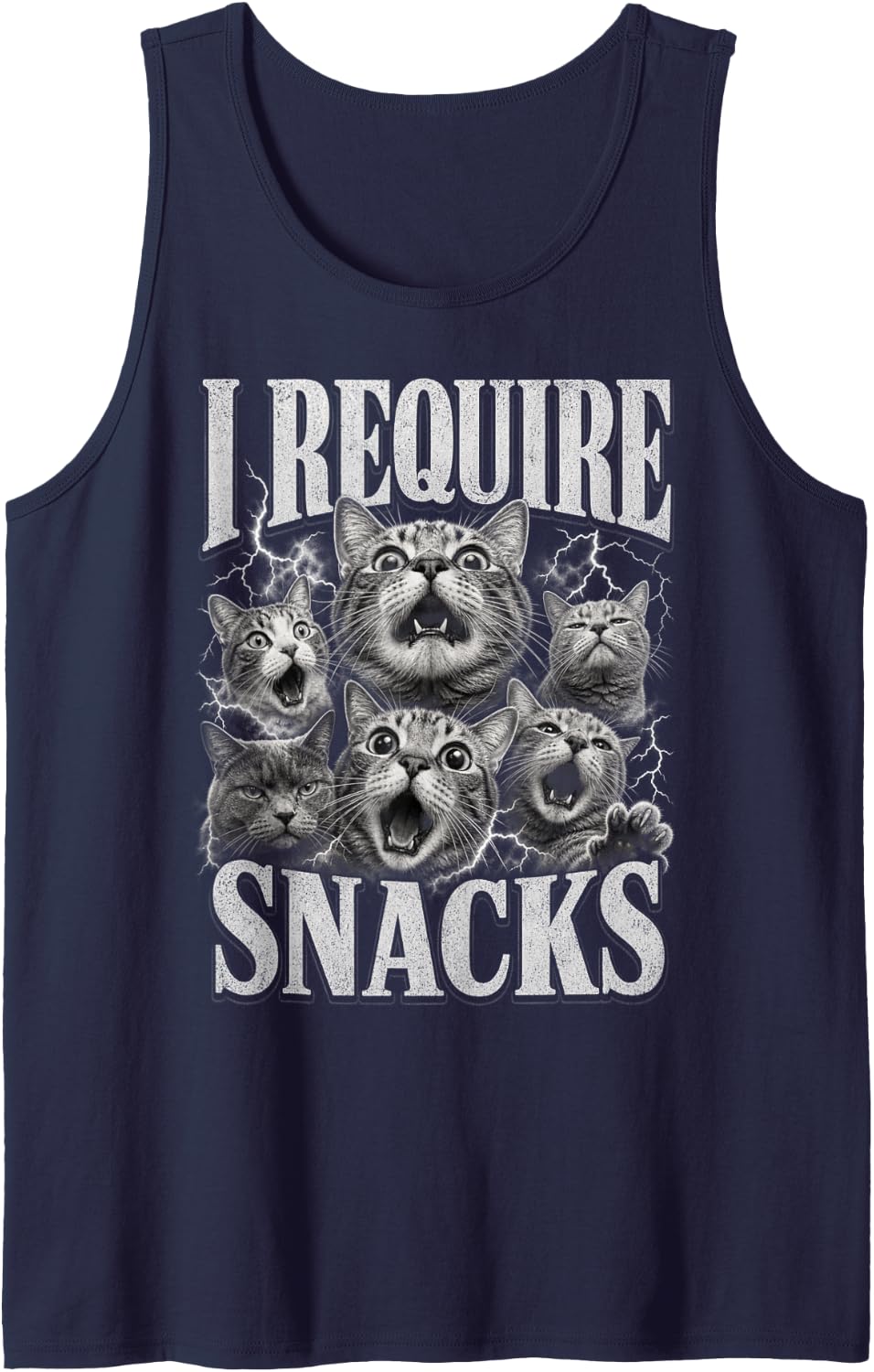 I Require Snacks Funny Cat Meme Graphic Sleeveless Tank Top - Navy Blue
