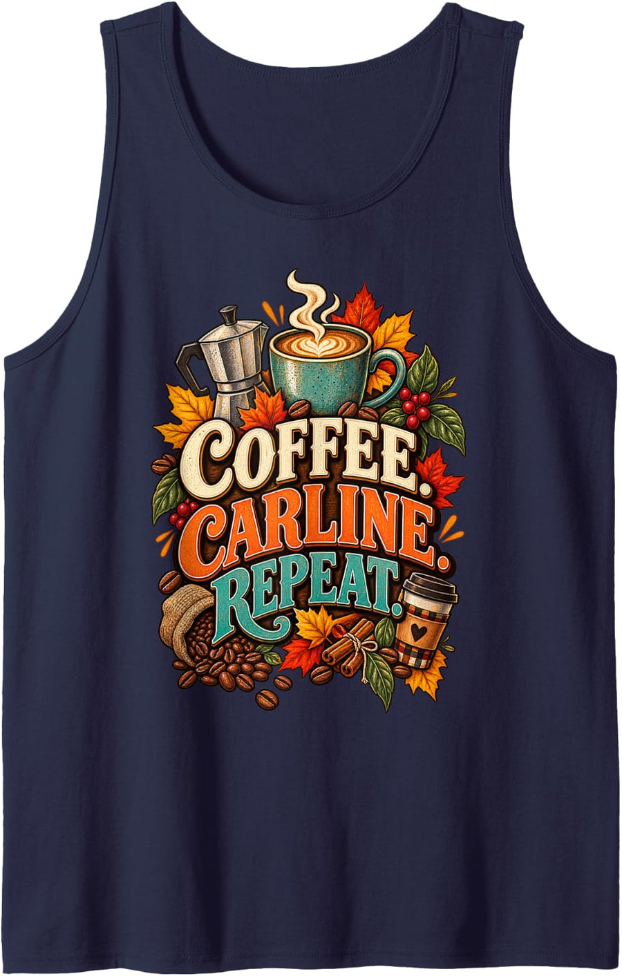 Vintage Autumn Coffee Carline Repeat Fall School Mom Sleeveless Tank Top - Navy Blue