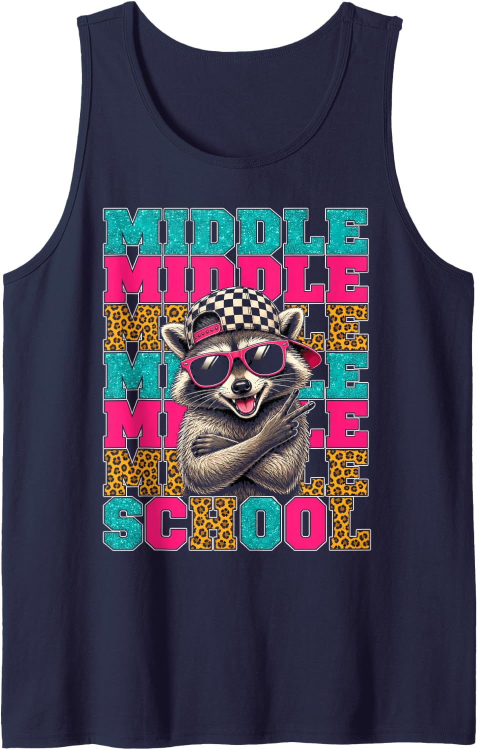 Funny Middle School Feral Raccoon Back to School Teacher Sleeveless Tank Top - Navy Blue