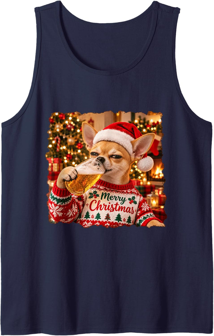 Merry Christmas Chihuahua Lovers Funny Holiday Party Sleeveless Tank Top - Navy Blue