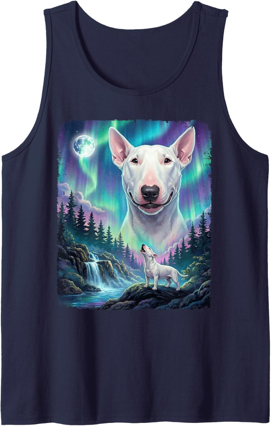 Funny Bull Terrier English Dog Howling Aurora Night Scenery Sleeveless Tank Top - Navy Blue