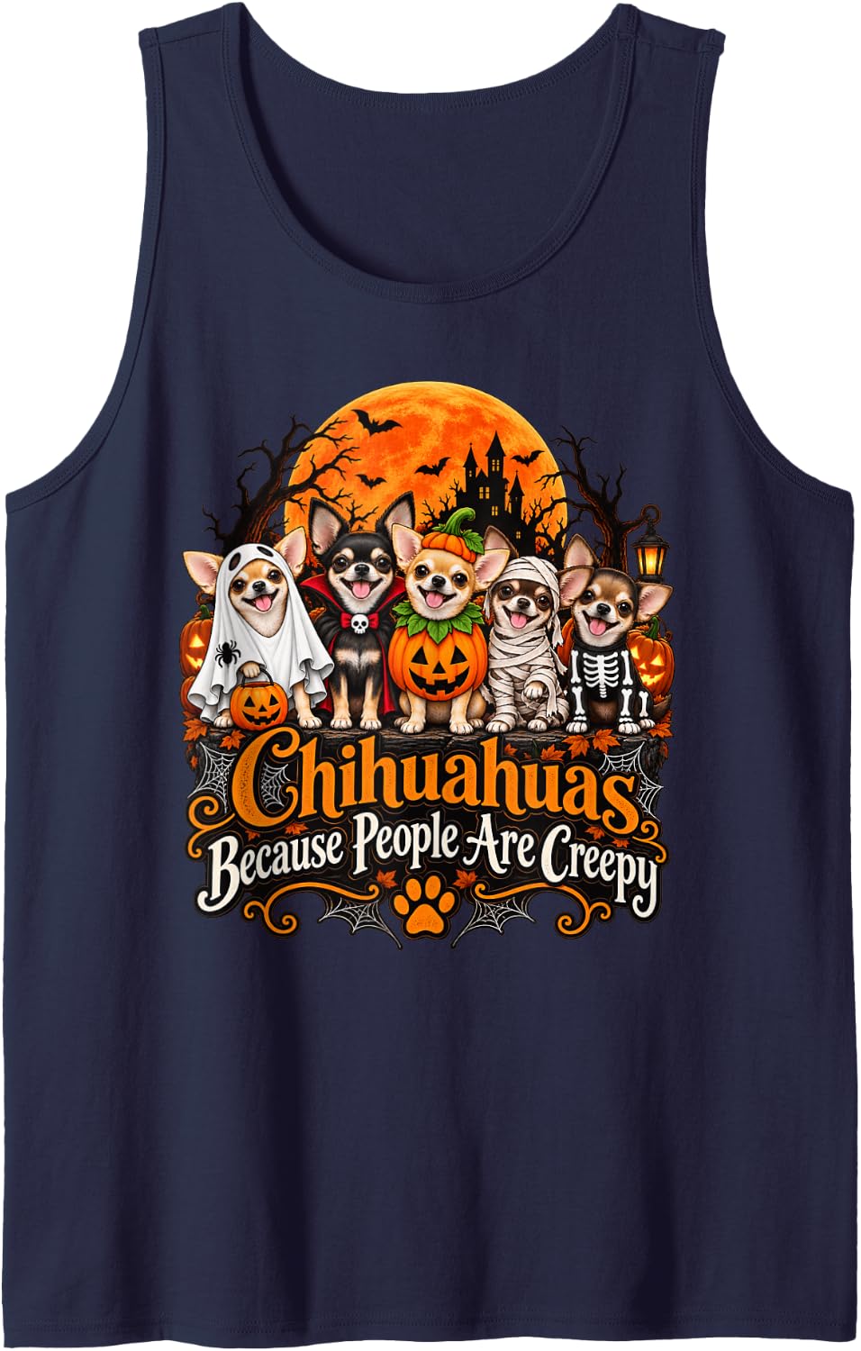 Chihuahua Because People are Creepy Funny Halloween Dog Cost Sleeveless Tank Top - Navy Blue