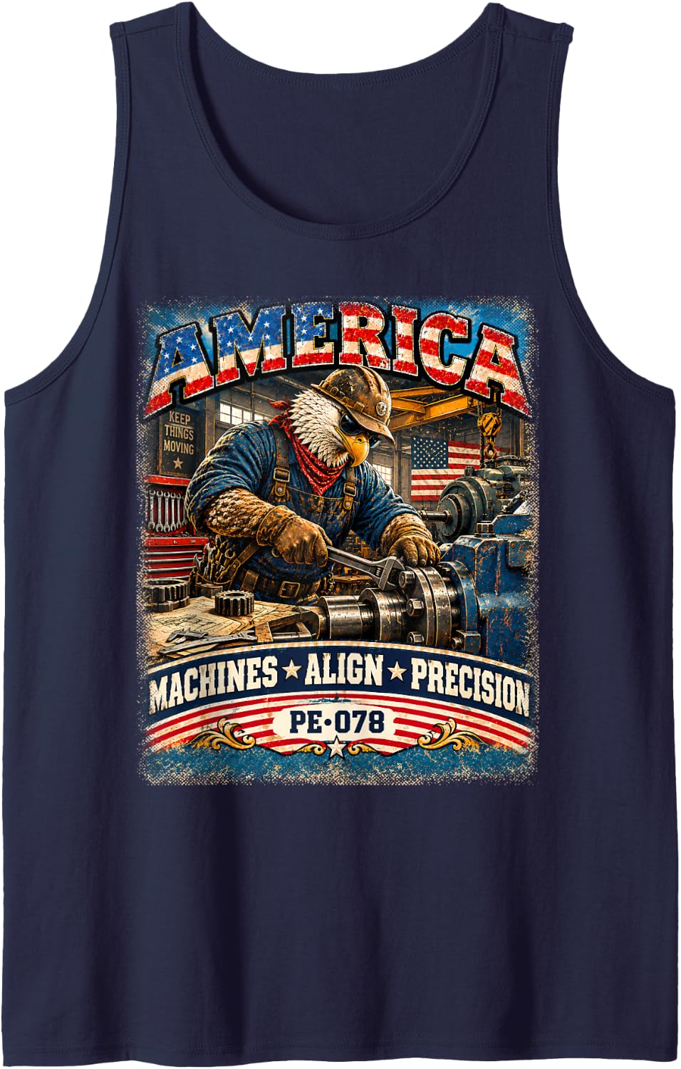 America | Machines Align Precision| Vintage Eagle Millwright Sleeveless Tank Top - Navy Blue