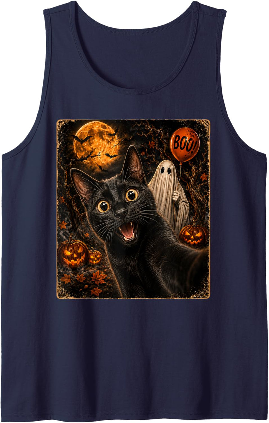 Funny Black Cat Dog Halloween Costume Ghost Selfie Spooky Tank Top - Navy Blue