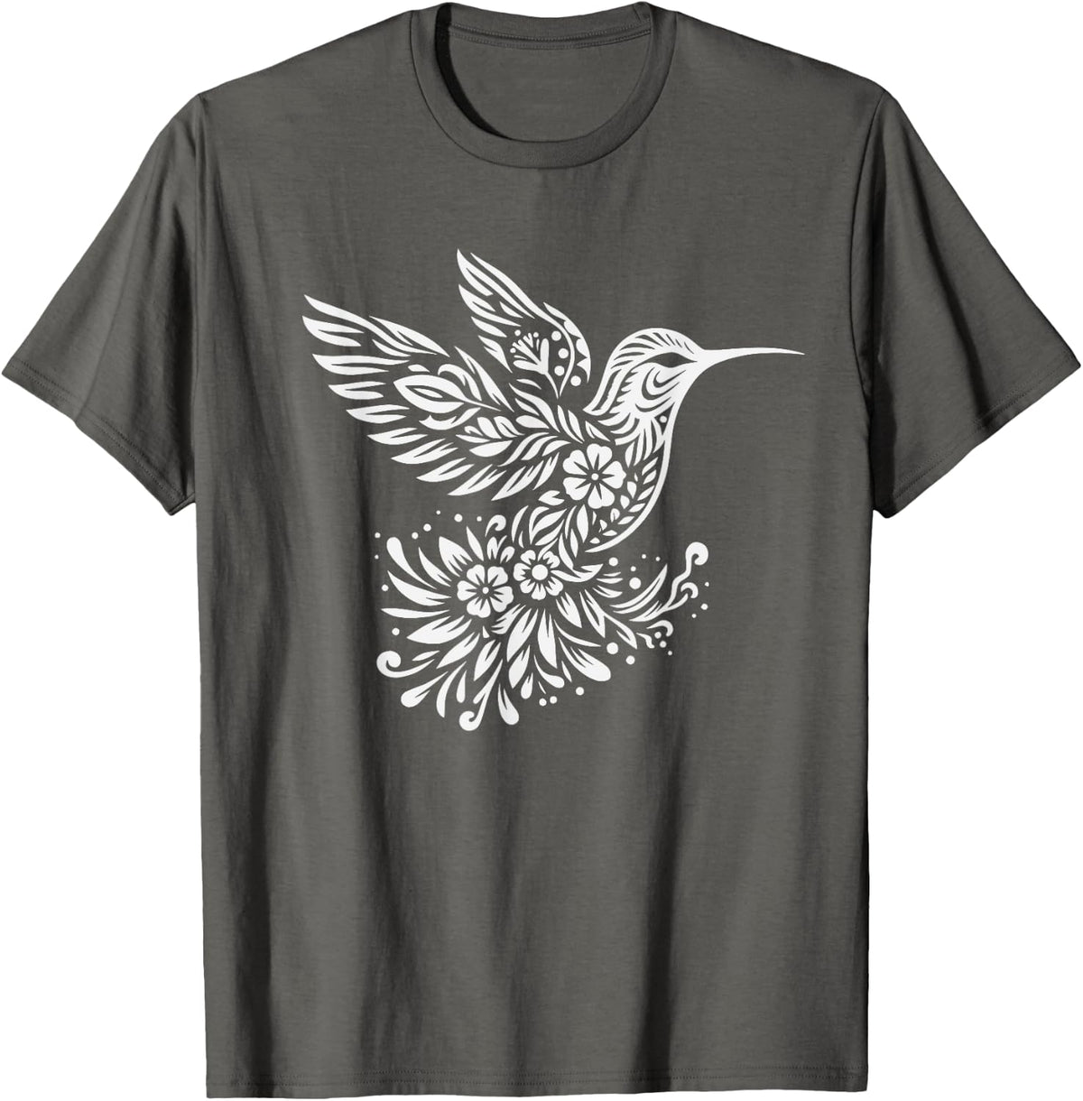Floral Hummingbird Flower Graphic Bird Art Design T-Shirt - Asphalt Grey