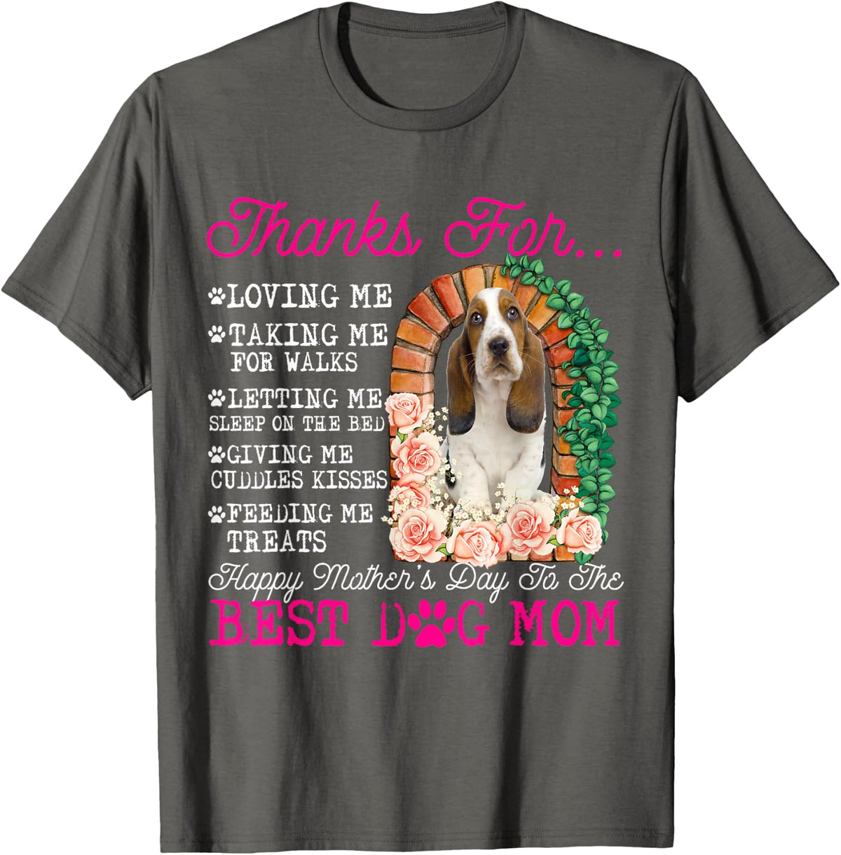 Funny Happy Mother's Day Best Dog Mom Cute Basset Hound Dog T-Shirt - Asphalt Grey