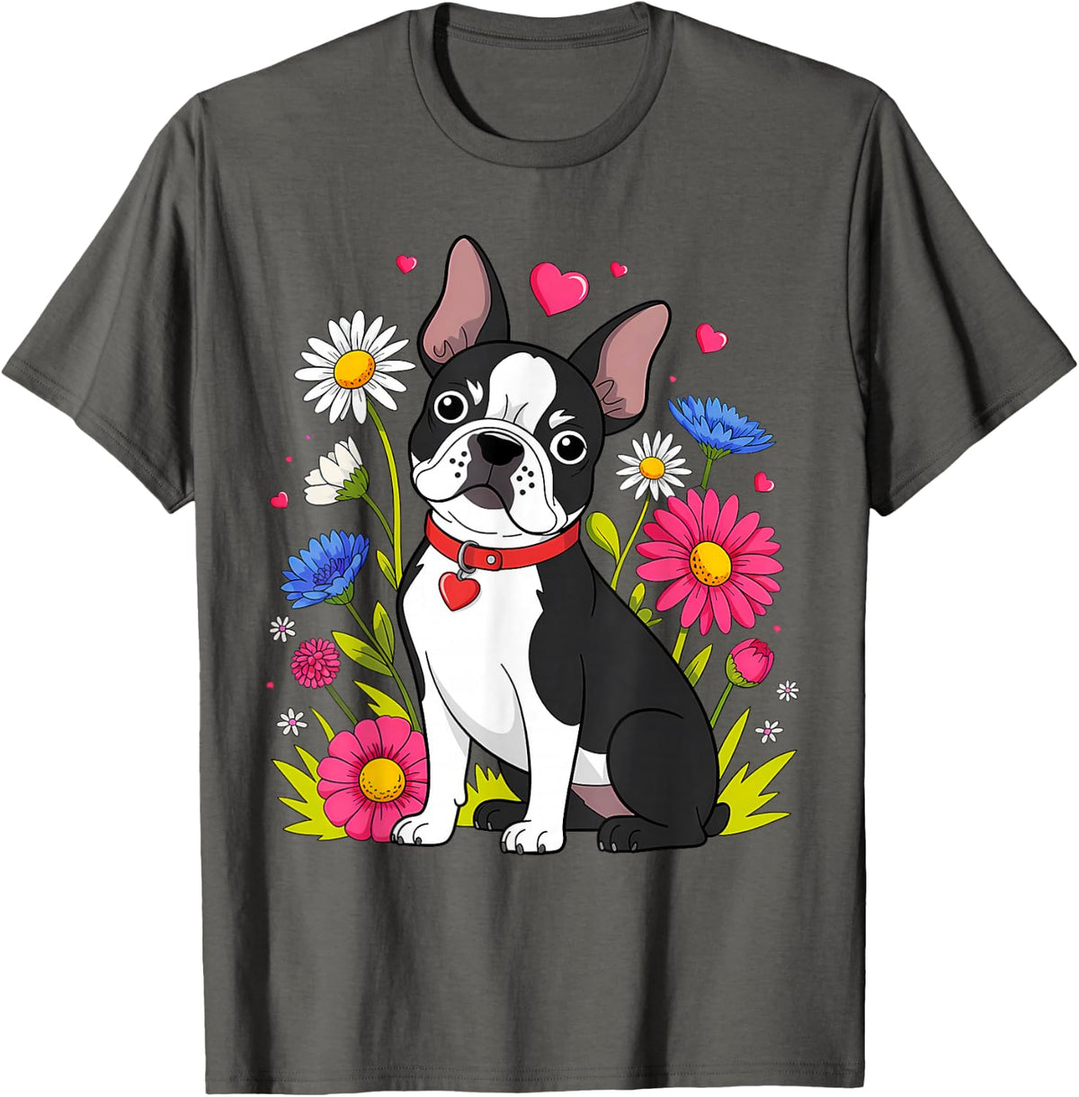 Cute Boston Terrier Dog on Boston Terrier Lover T-Shirt - Asphalt Grey