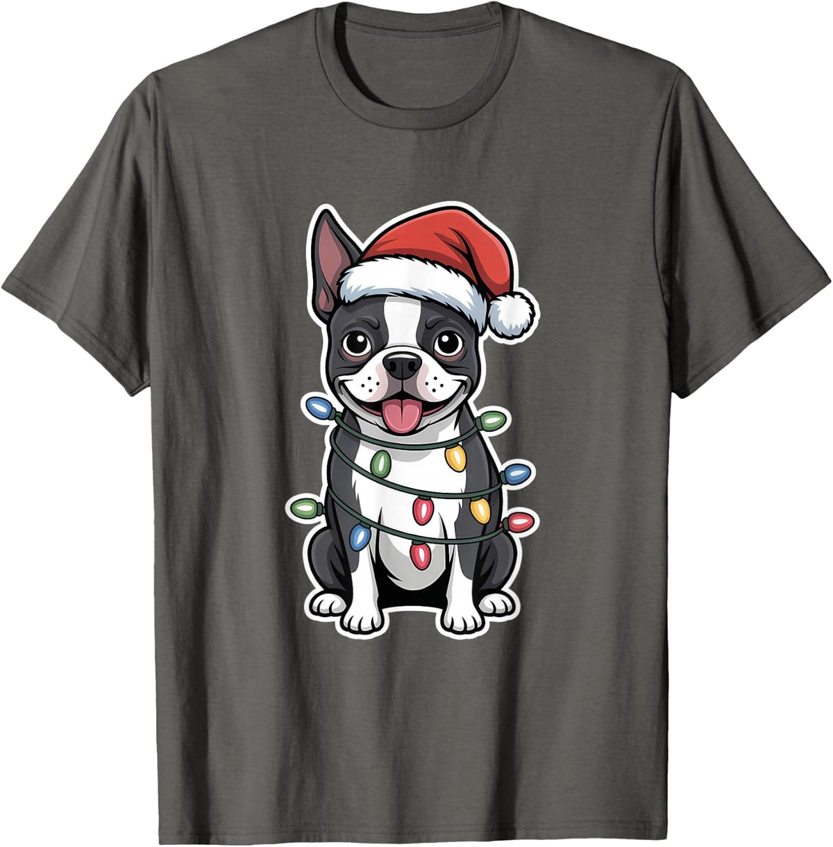 Boston Terrier Wrapped in Christmas Lights T-Shirt - Asphalt Grey