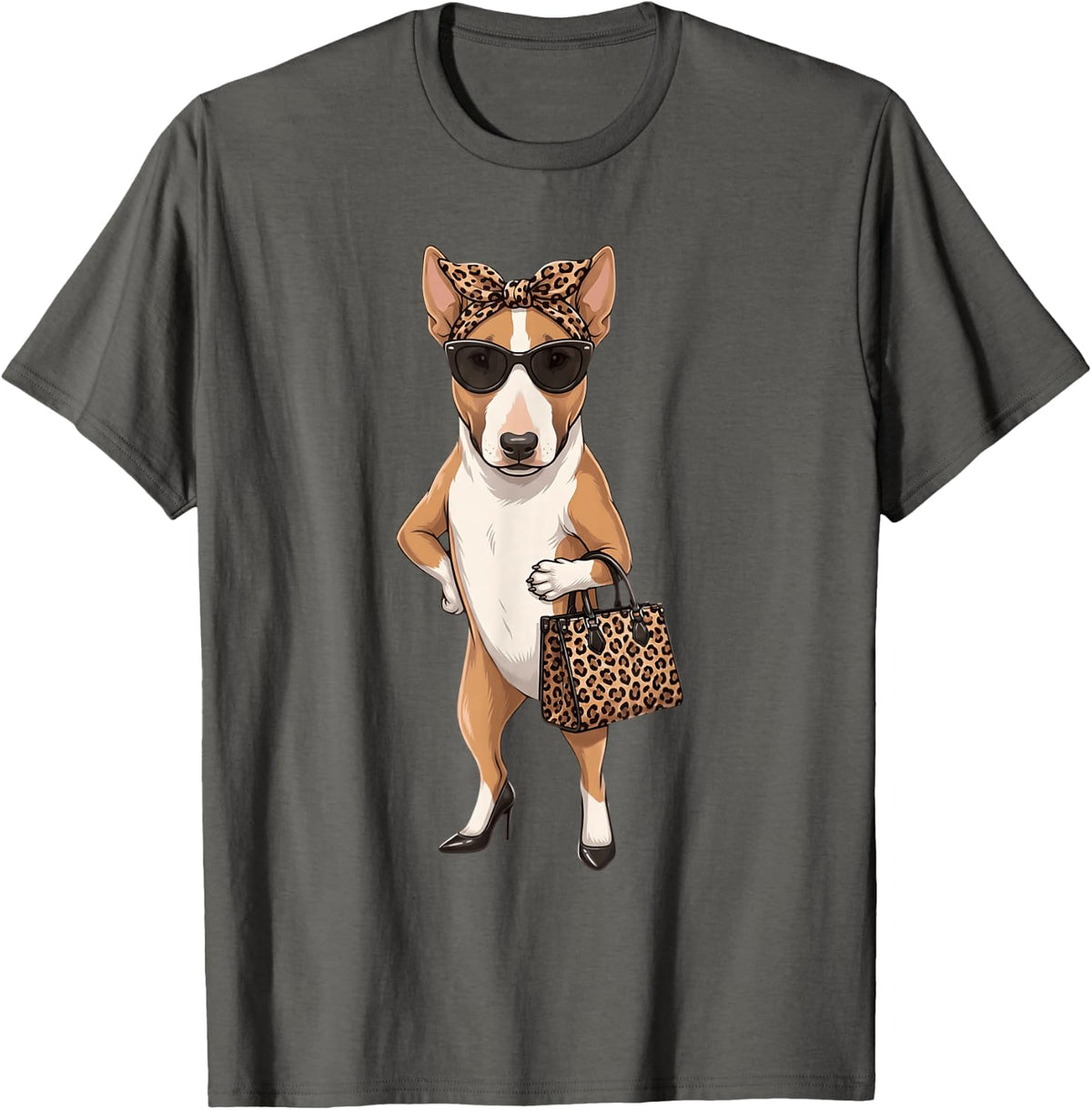 Cute Bull Terrier Lover Leopard Bow Sunglasses Graphic T-Shirt - Asphalt Grey
