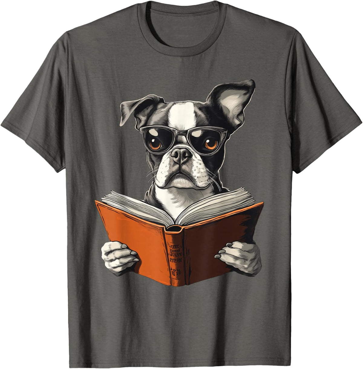 Cute Dog Boston Terrier Reading Book T-Shirt - Asphalt Grey