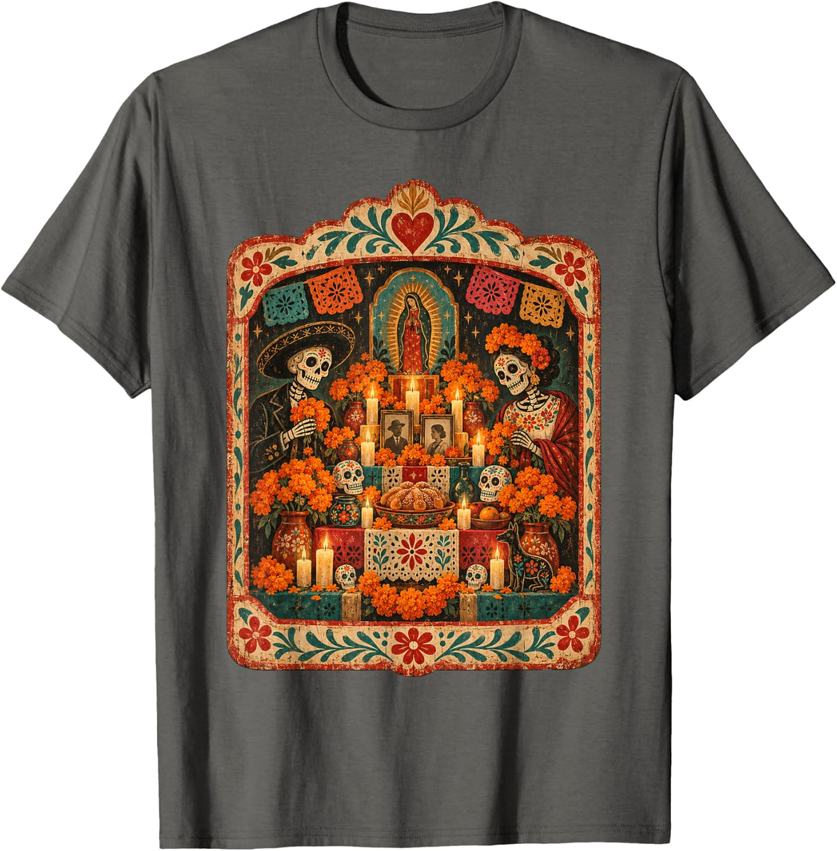 Dia De Los Muertos Folk Retablo Memorial Day of The Dead T-Shirt - Asphalt Grey