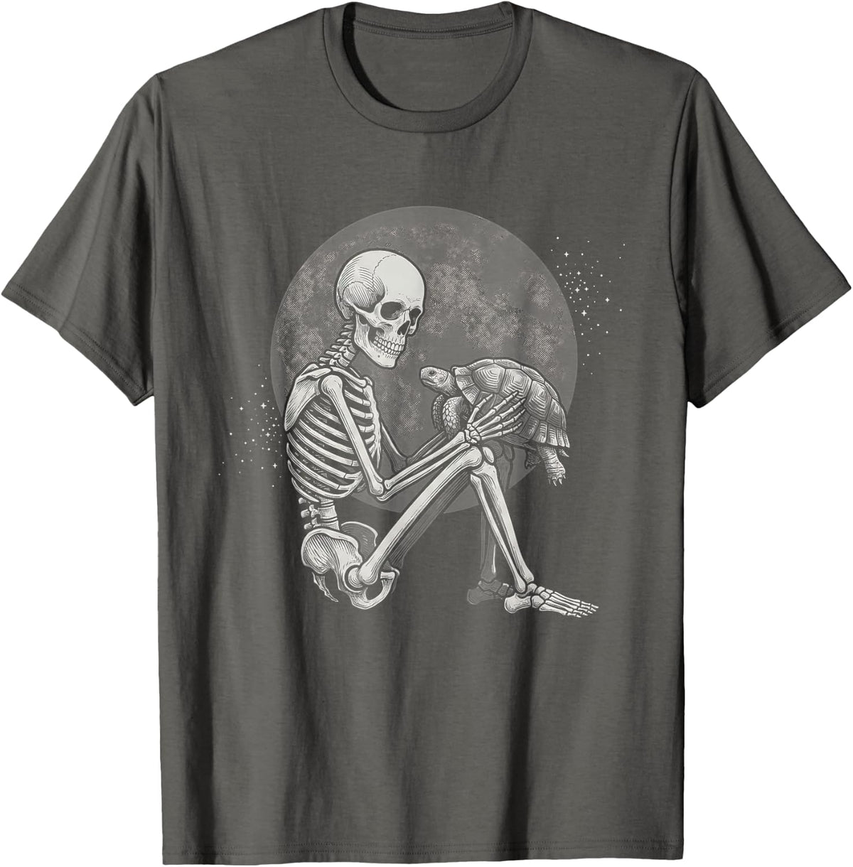 Reptile Lover Tortoise Held by a Skeleton Night Sky T-Shirt - Asphalt Grey