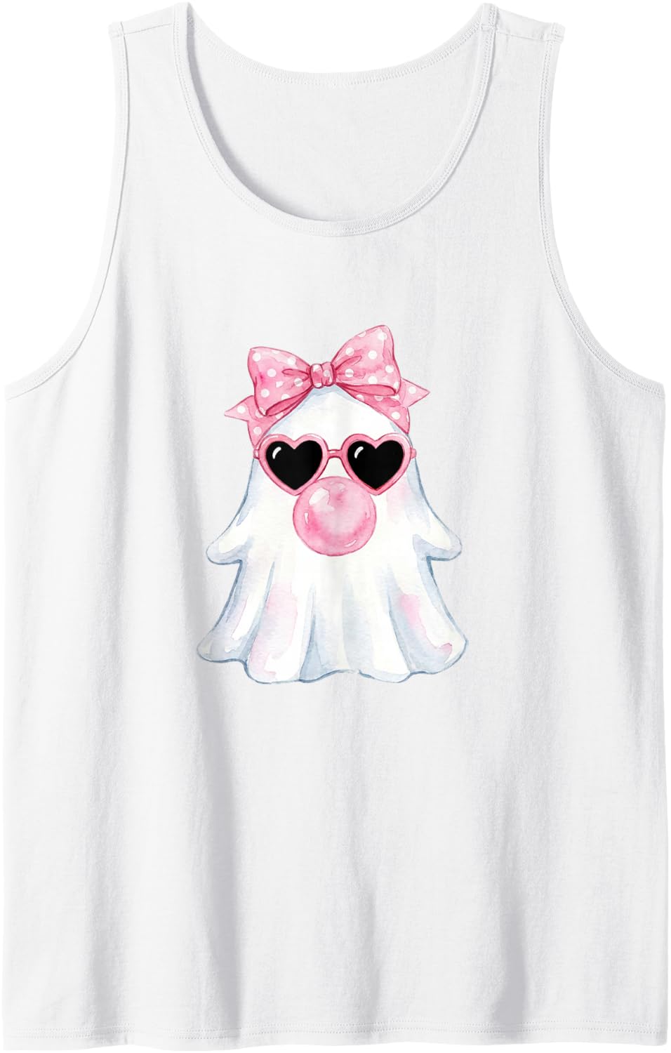 Halloween Ghost Face Blowing Bubbles Pink Coquette Bow Girls Sleeveless Tank Top - White