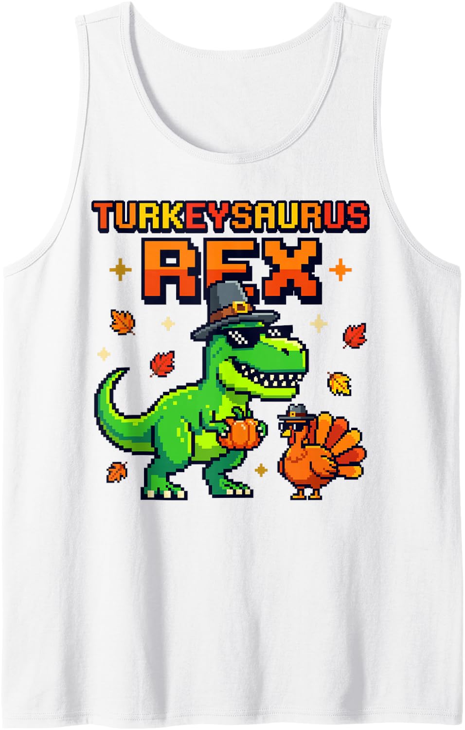 Dinosaur Turkeysaurus Rex Pixel Art Thanksgiving Turkey Sleeveless Tank Top - White