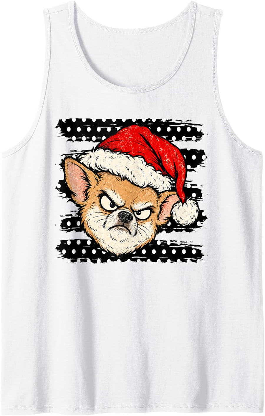 Vintage Funny Chihuahua Santa Hat Polka Dot Stripe Christmas Sleeveless Tank Top - White
