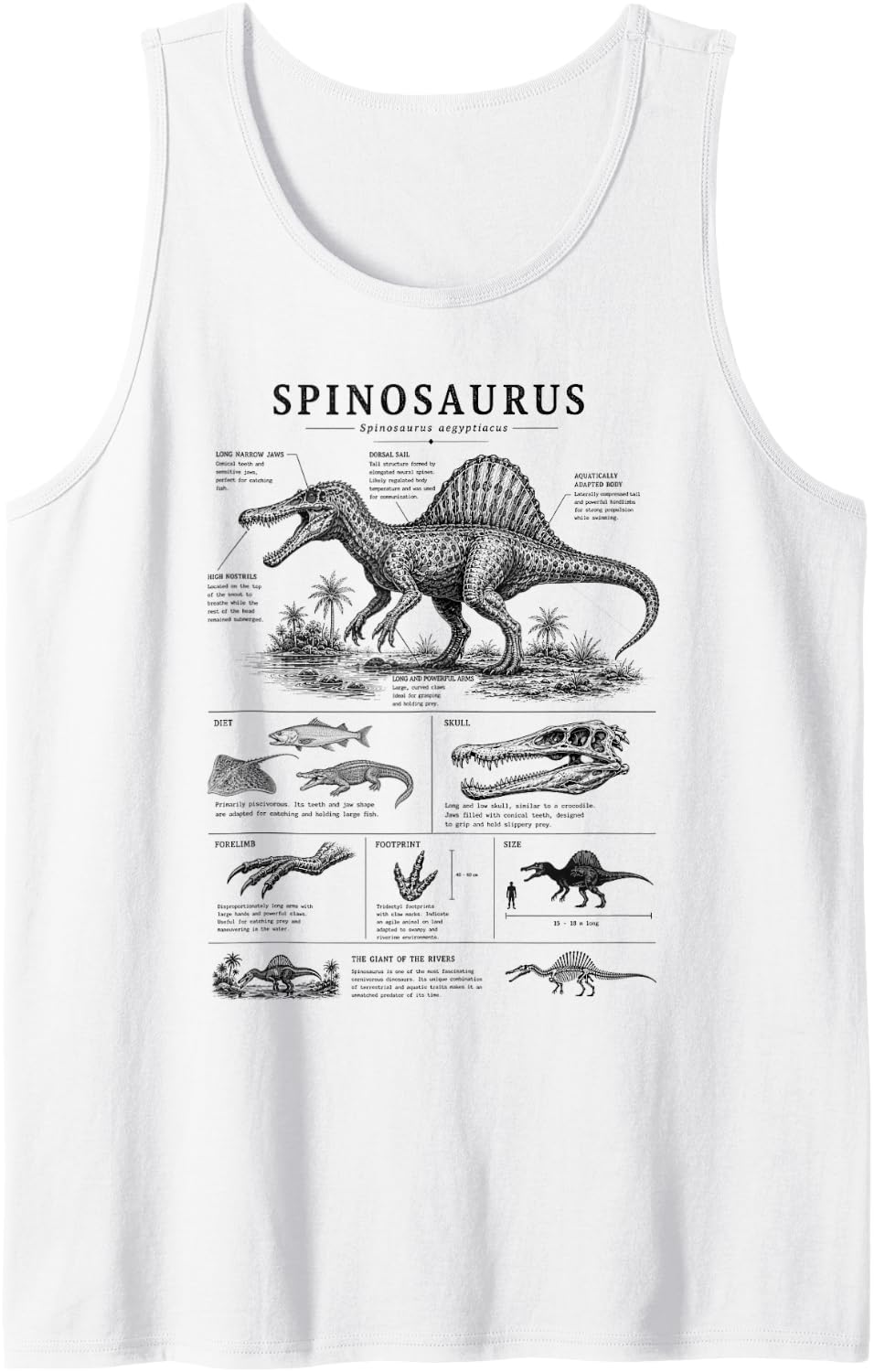 Spinosaurus Anatomy, Dinosaur Lover, Paleontologist Sleeveless Tank Top - White