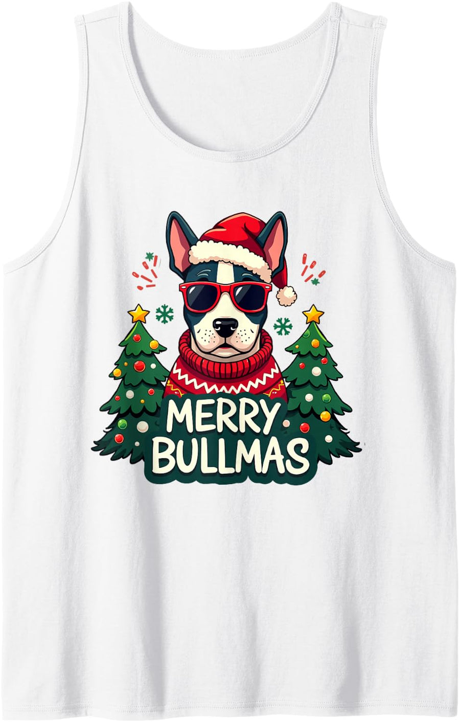 Merry Bullmas Cute Bull Terrier Dog Christmas Holiday Sleeveless Tank Top - White