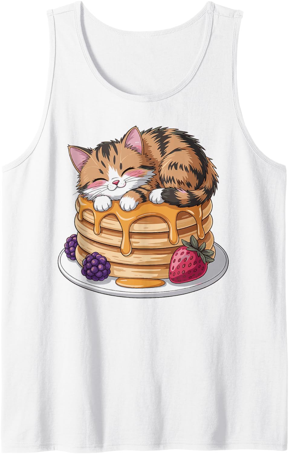 Cute Cat Sleeping On Pancakes Breakfast Art Sleeveless Tank Top - White