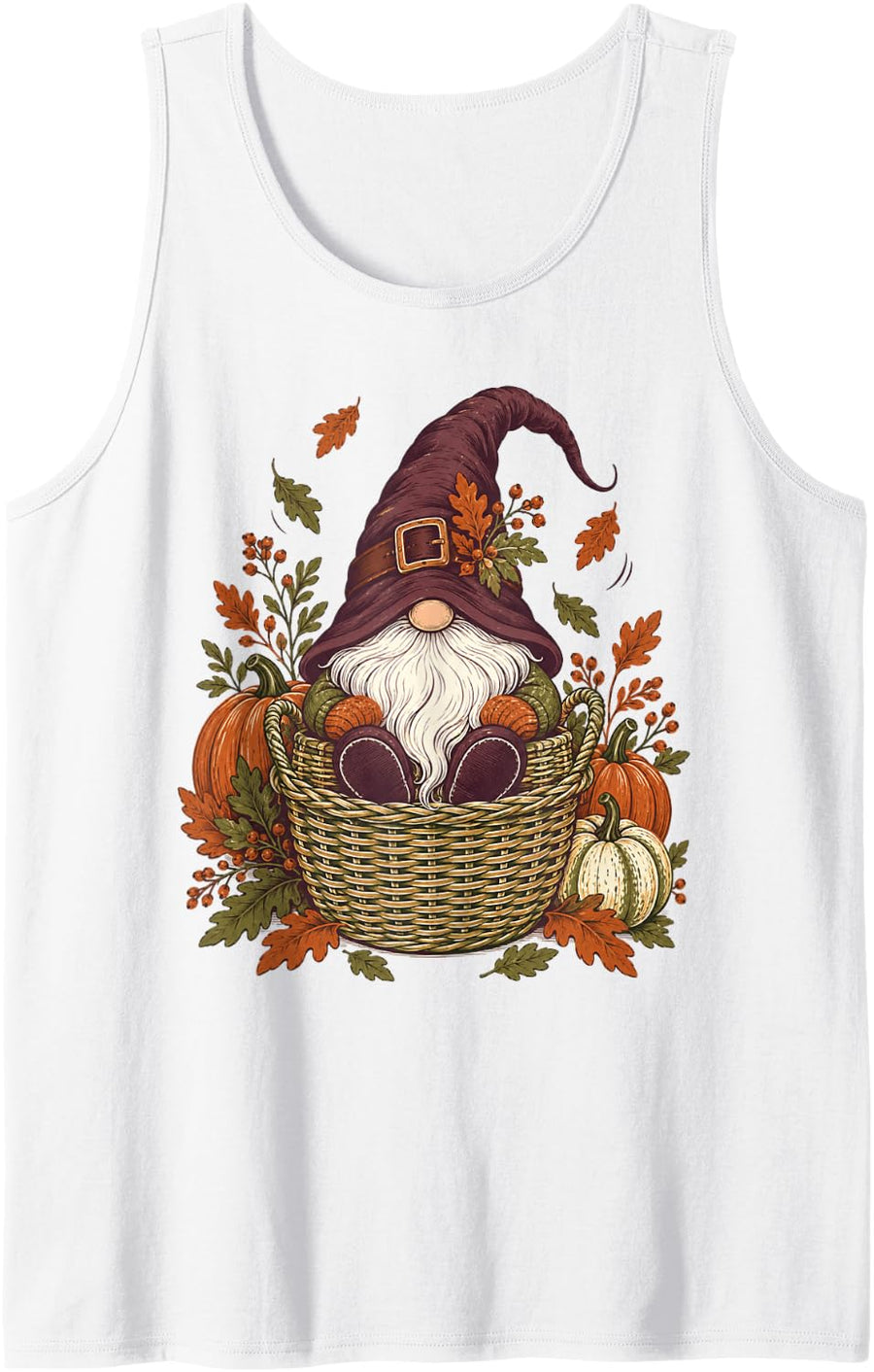Autumn Gnome Pumpkin Harvest Thanksgiving Fall Sleeveless Tank Top - White