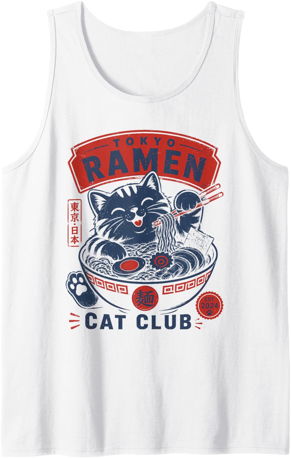 Tokyo Ramen Cat Club Cute Japanese Noodle Bowl Art Sleeveless Tank Top - White