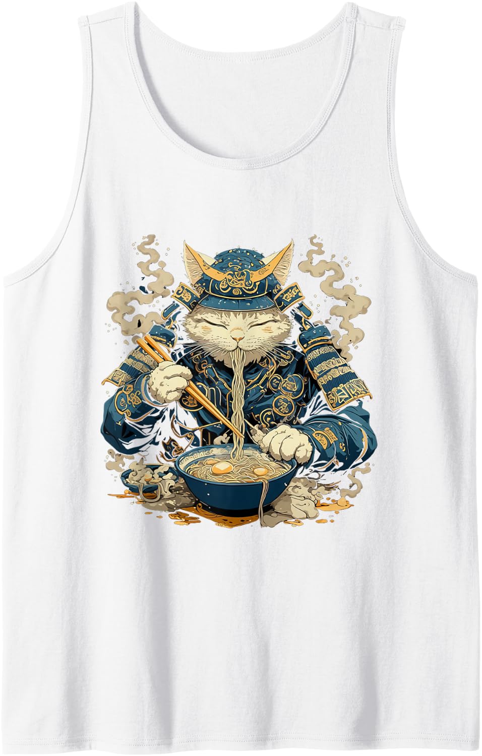 Japanese Art Ramen Cat Ninja Ukiyo-e Anime Style Samurai Cat Sleeveless Tank Top - White