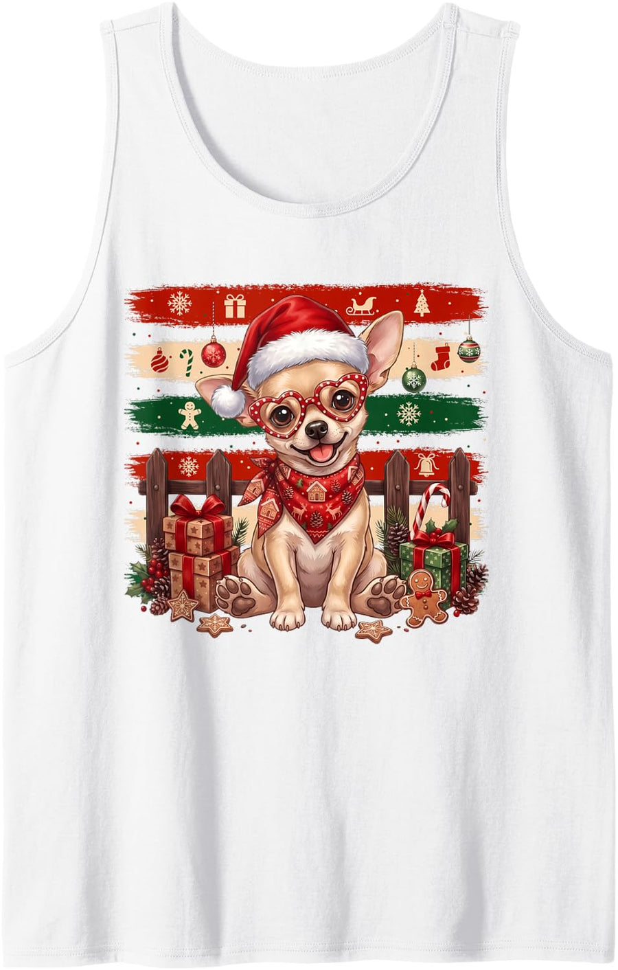 Chihuahua Dog Heart Glasses Stripe Christmas Festive Holiday Sleeveless Tank Top - White