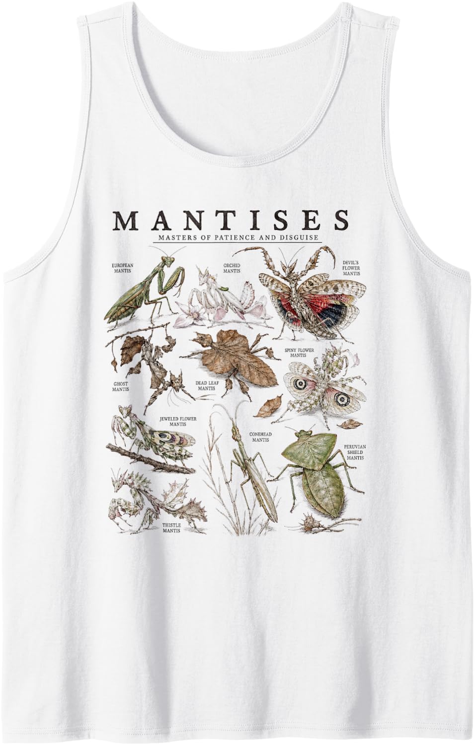 Mantises of The World Chart Entomology Bug Nature Lover Sleeveless Tank Top - White