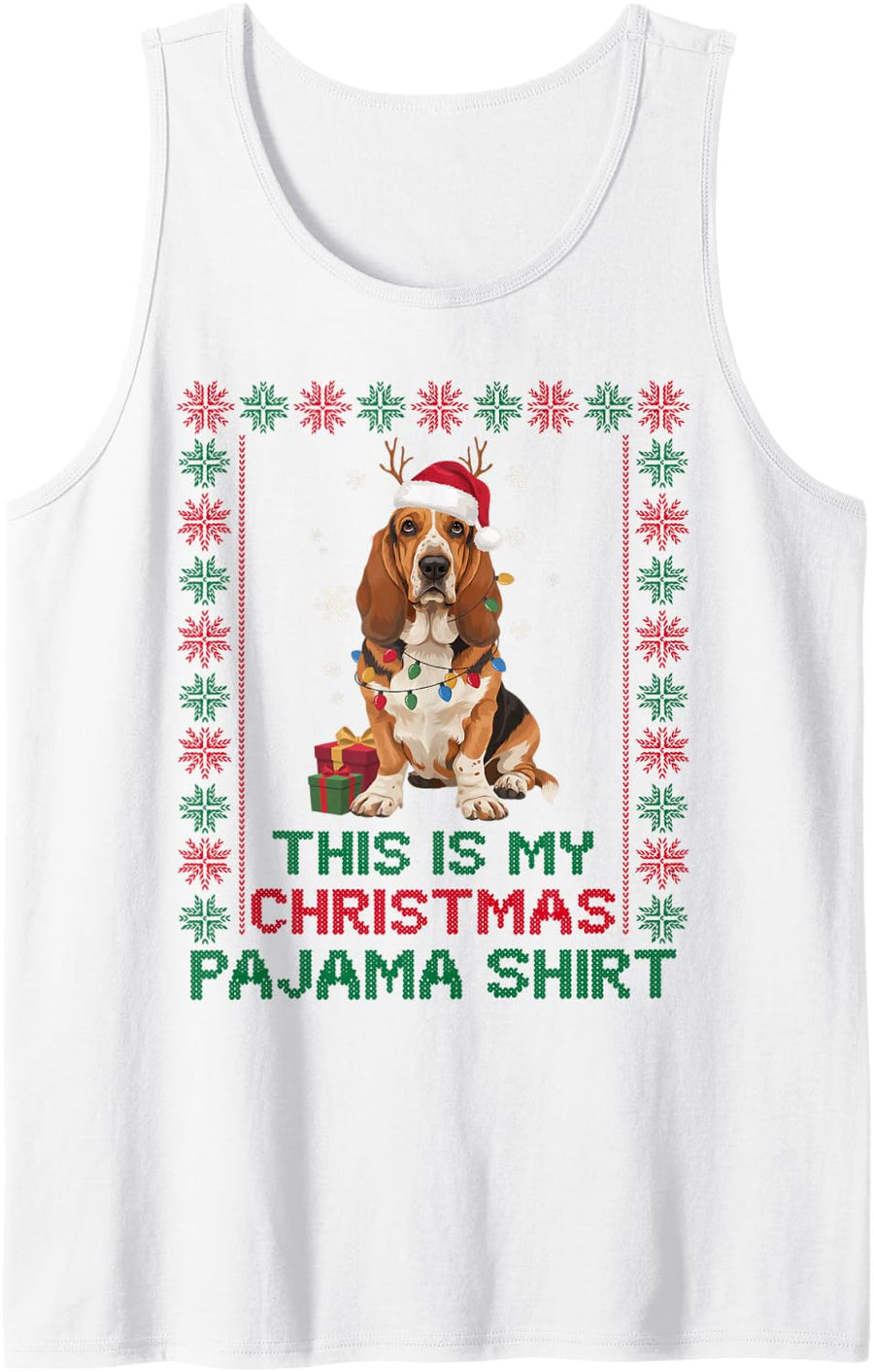 Festive Basset Hound Reindeer Santa Lights Dog Mom Dad Lover Sleeveless Tank Top - White