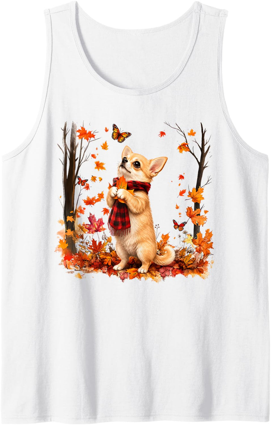 Cute Fall Chihuahua Maple Leaves Pumpkin Autumn Birthday Sleeveless Tank Top - White