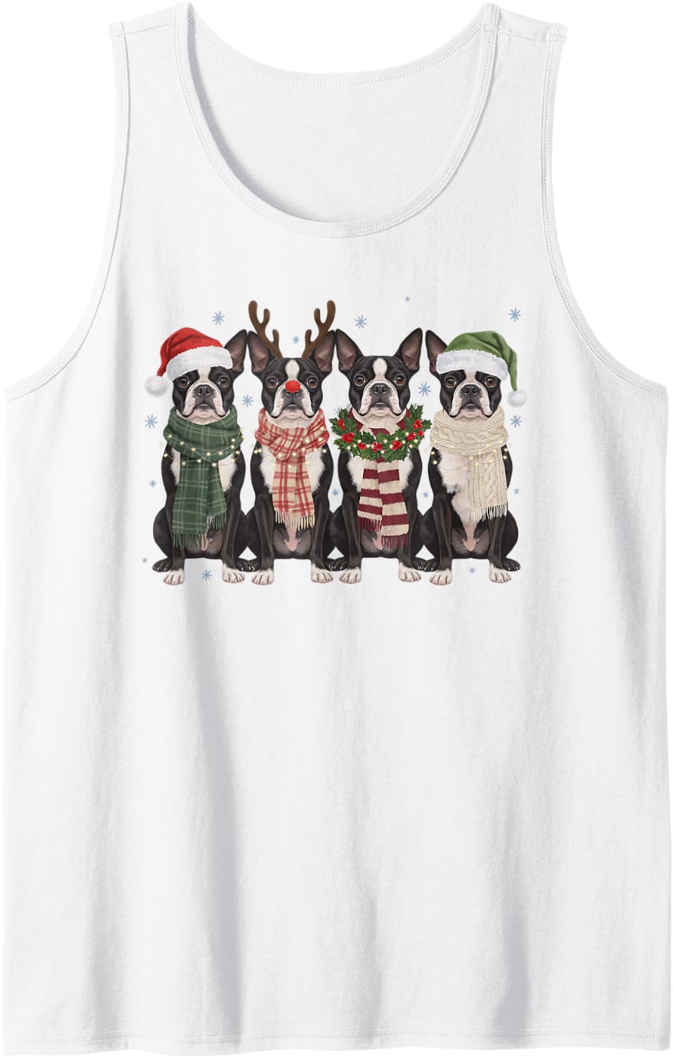 Festive Boston Terrier Christmas Friends Scarves Dog Mom Dad Sleeveless Tank Top - White