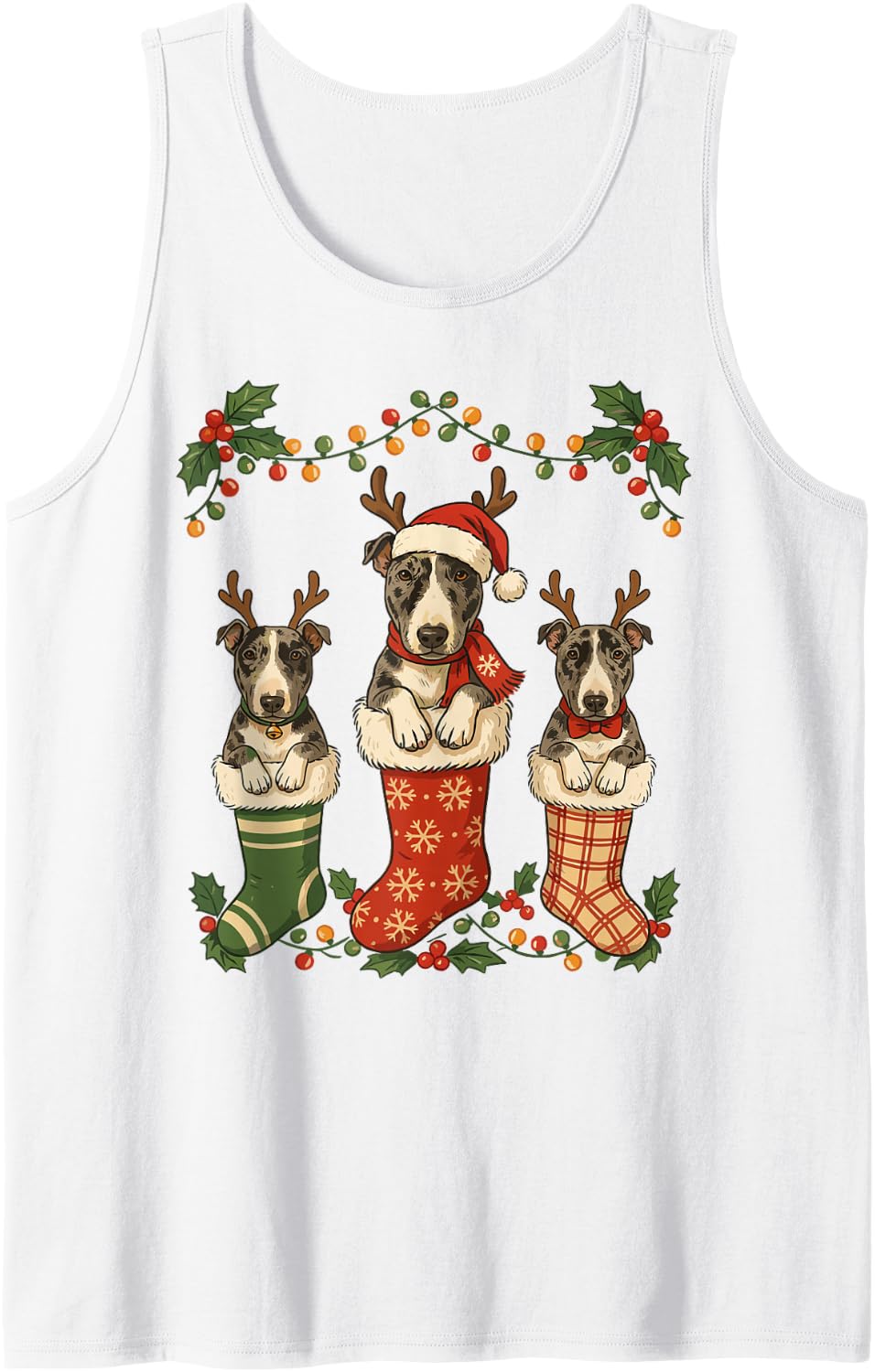 Festive Bull Terrier Christmas Stocking Puppy Fur Baby Mom Sleeveless Tank Top - White