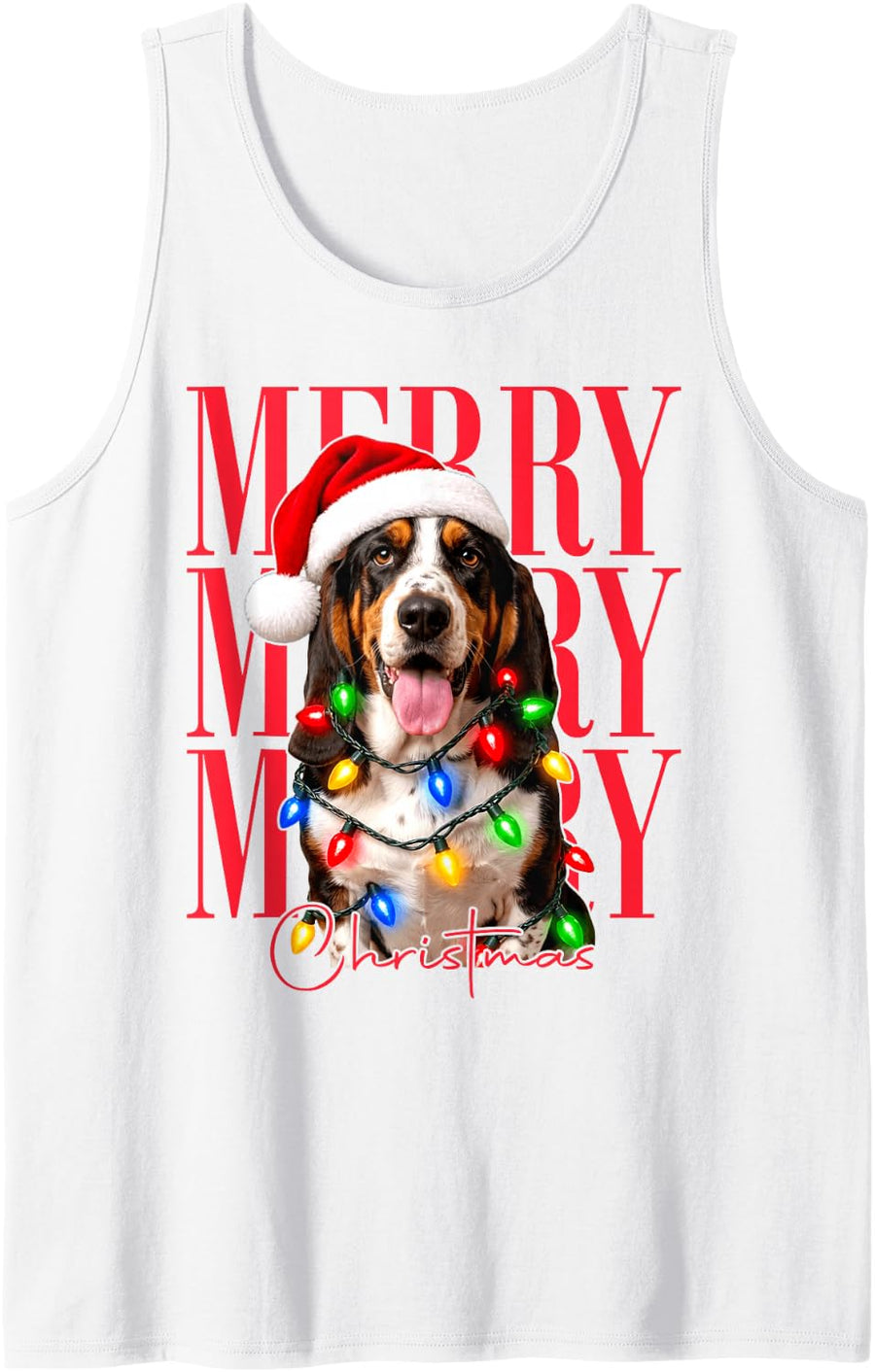 Merry Christmas Basset Hound Santa Xmas Tree Light Dog Lover Sleeveless Tank Top - White