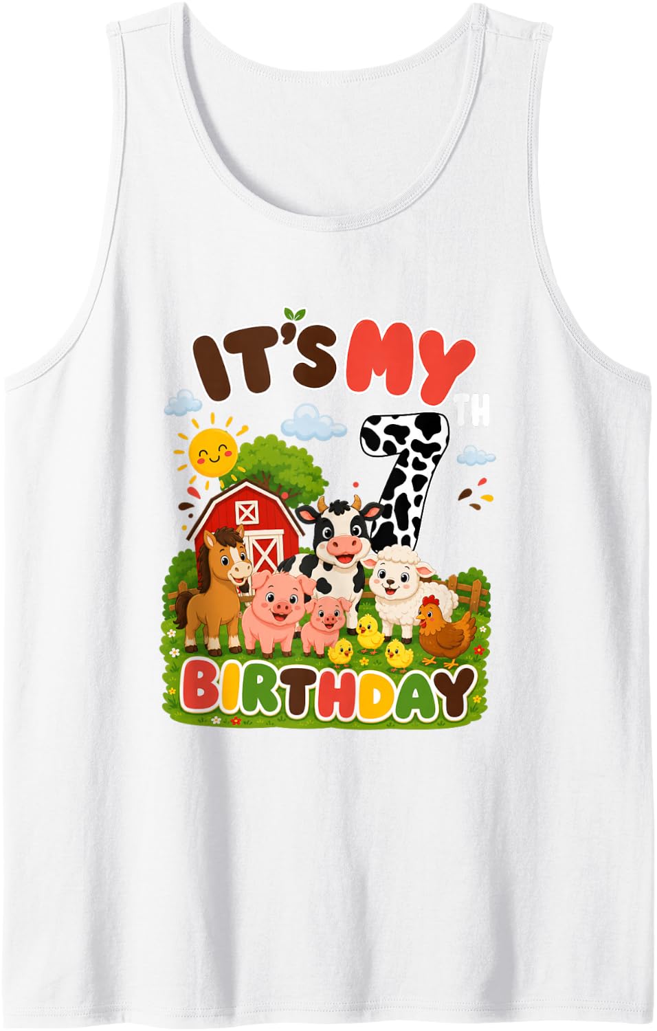 Birthday 7 Year Old Farm Animals Theme Lover 7th Party Sleeveless Tank Top - White