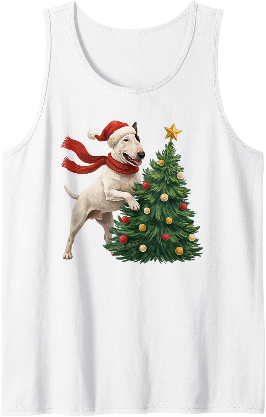 Funny Christmas Bull Terrier Bully Santa Hat Tree Dog Lover Sleeveless Tank Top - White