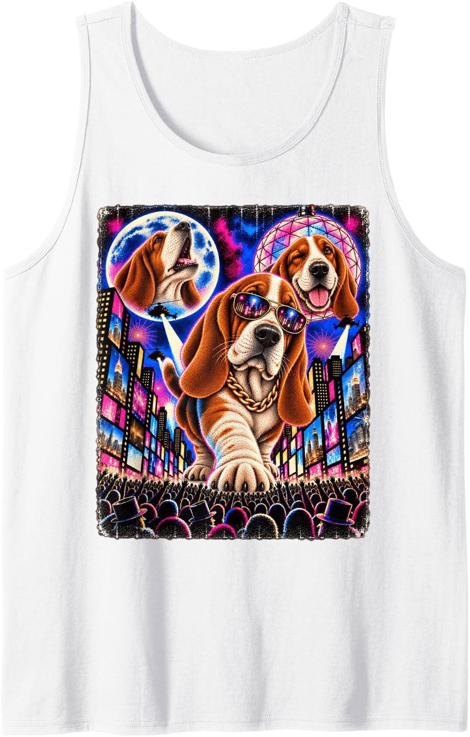 Basset Hound Times Square Hip Hop Rap Party Cool Sunglasses Sleeveless Tank Top - White