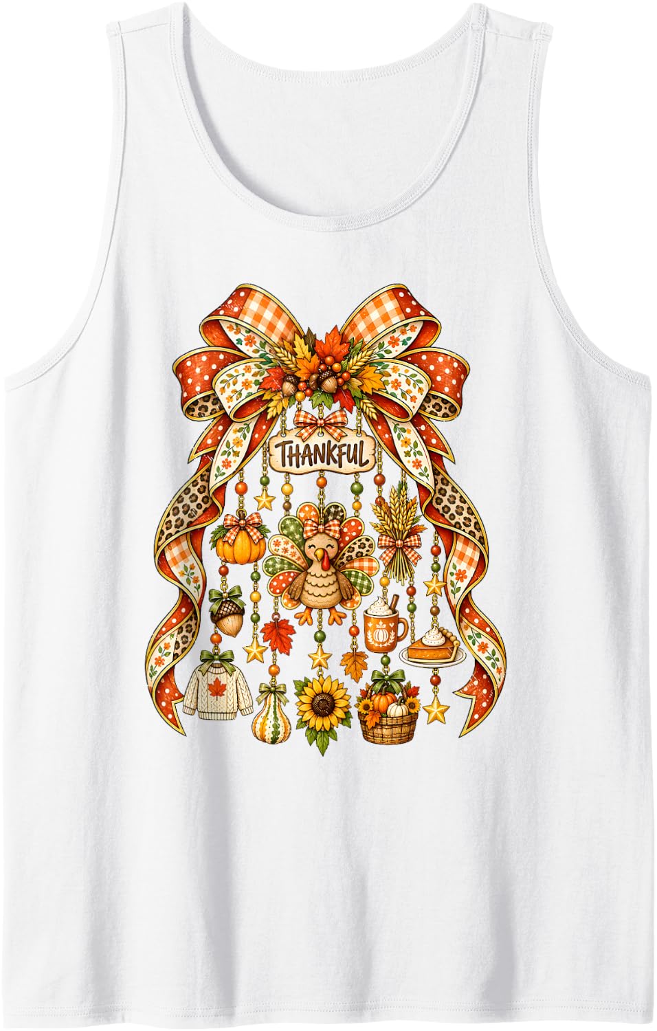 Retro Fall Pumpkin Gingham Leopard Charms Bow Thanksgiving Sleeveless Tank Top - White